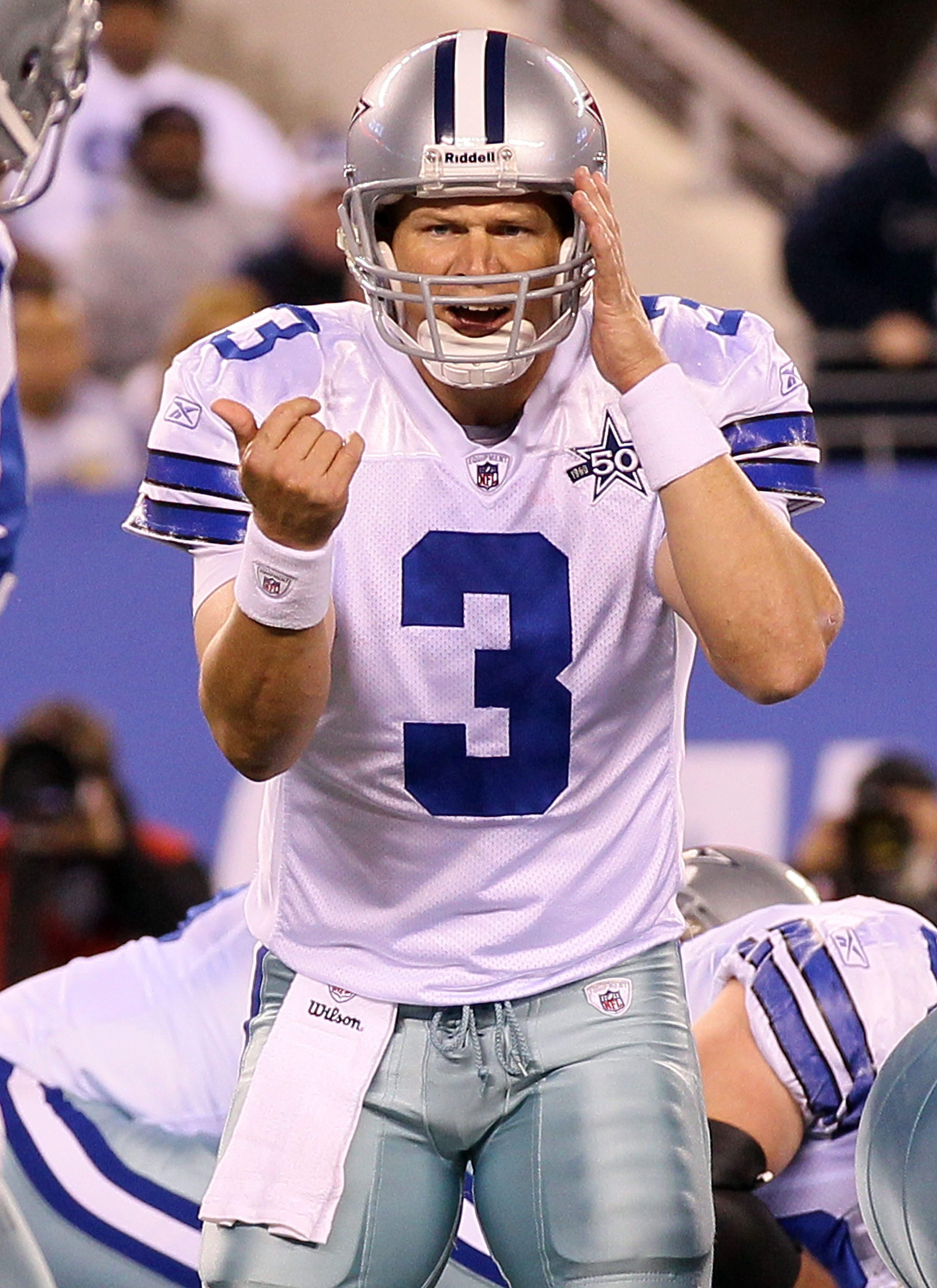 EAST RUTHERFORD, NJ - NOVEMBER 14:  Jon Kitna #3 of the Dallas Cowboys calls a play against the New York Giants on November 14, 2010 at the New Meadowlands Stadium in East Rutherford, New Jersey. The Cowboys defeated the Giants 33-20.  (Photo by Jim McIsa