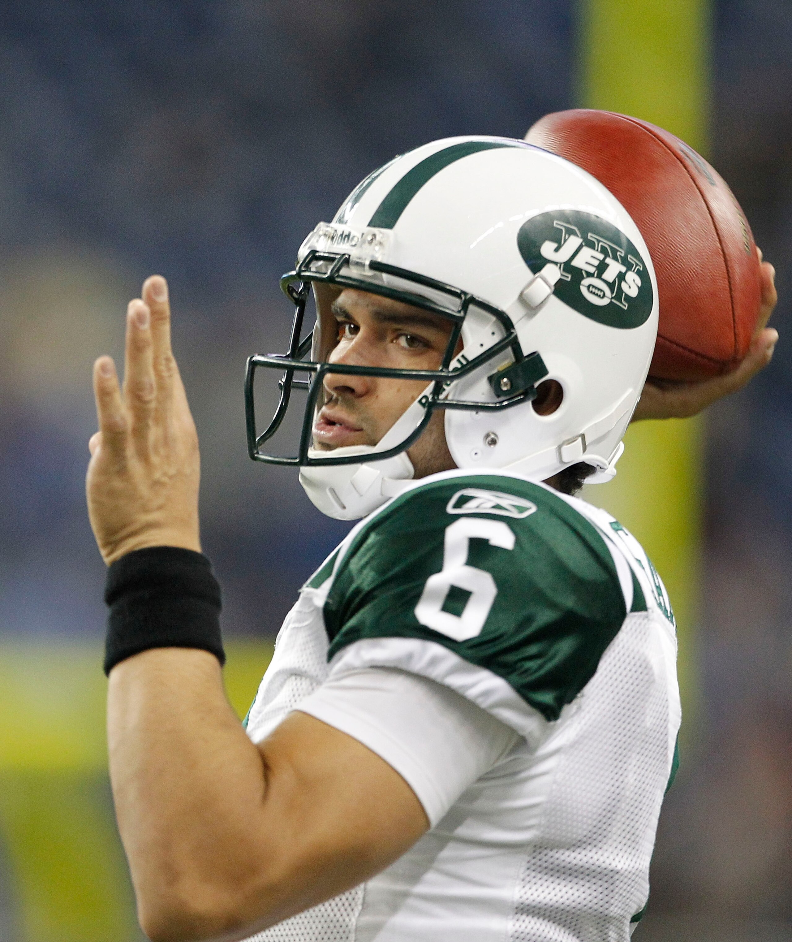 DETROIT - NOVEMBER 7: Mark Sanchez #6 of the New York Jets warms up prior to the start of the game against the Detroit Lions at Ford Field on November 7, 2010 in Detroit, Michigan. (Photo by Leon Halip/Getty Images)