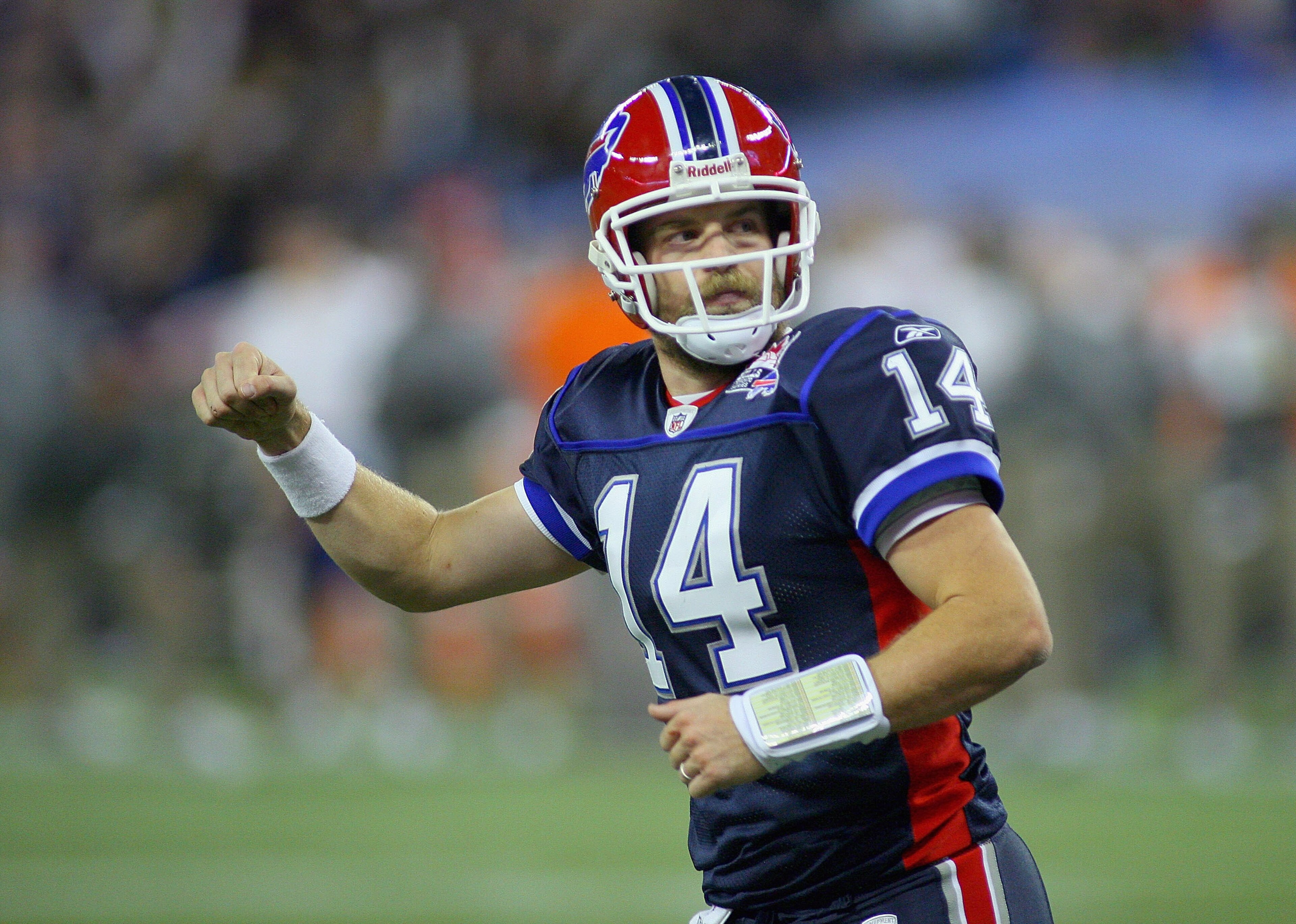 TORONTO, ON - NOVEMBER 07:  Ryan Fitzpatrick #14 of the Buffalo Bills reacts after a touchdown against the Chicago Bears at Rogers Centre on November 7, 2010 in Toronto, Canada. Chicago won 22-19.  (Photo by Rick Stewart/Getty Images)