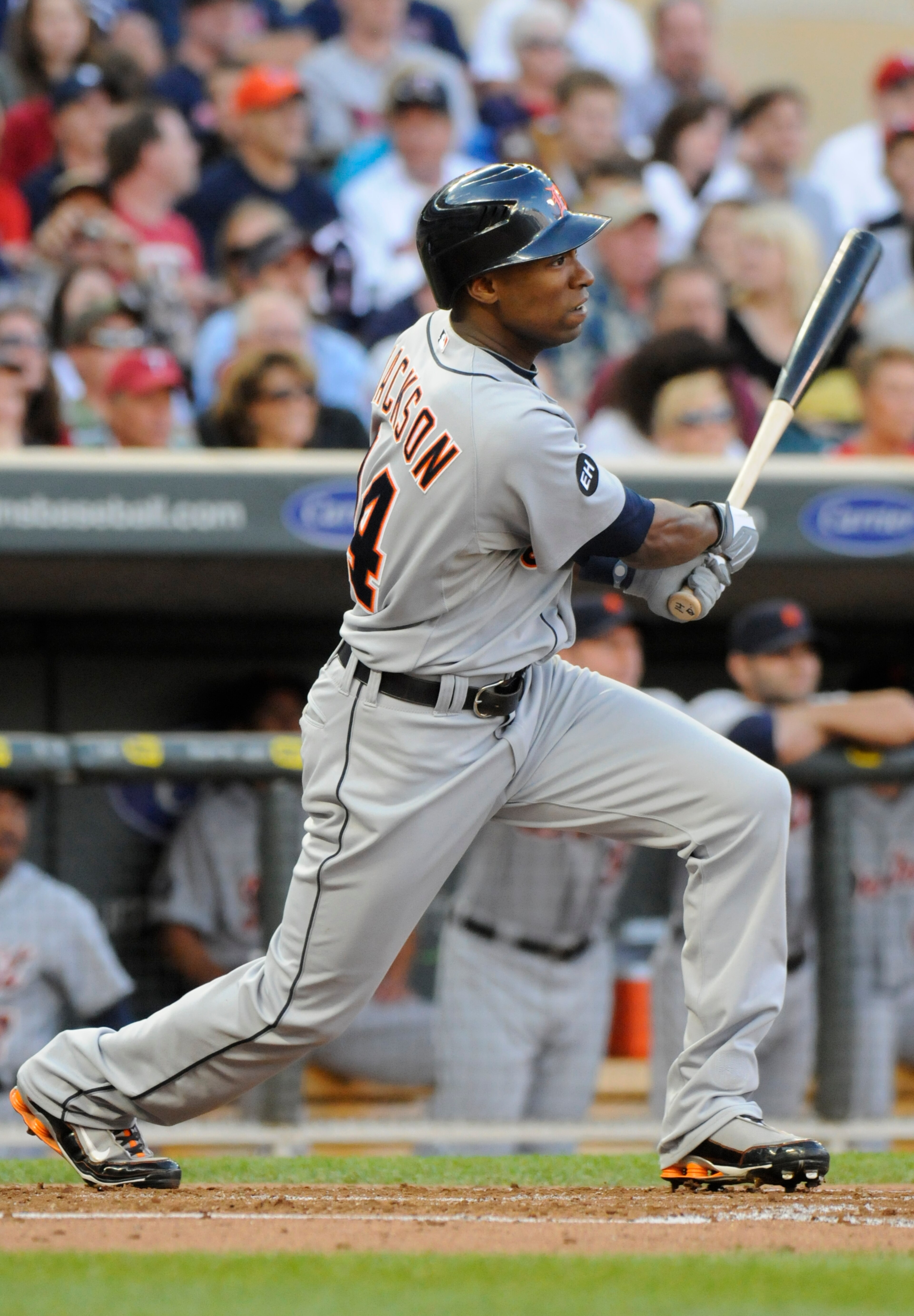MINNEAPOLIS, MN - JUNE 28: Austin Jackson #14 of the Detroit Tigers singles in the second inning against the Minnesota Twins during their game on June 28, 2010 at Target Field in Minneapolis, Minnesota. Tigers won 7-5. (Photo by Hannah Foslien /Getty Imag