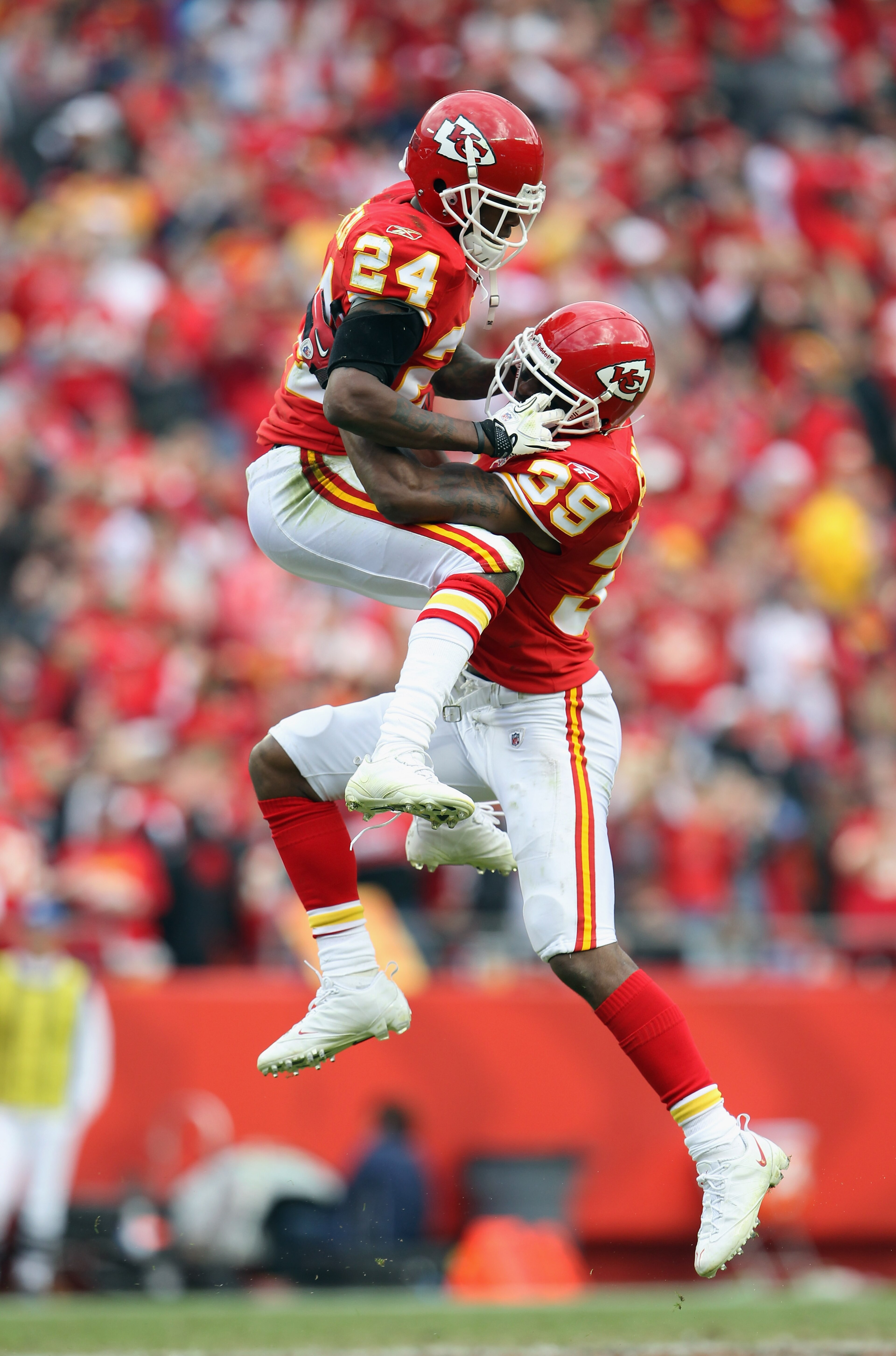 KANSAS CITY, MO - OCTOBER 31: Brandon Flowers #24 and Brandon Carr #39 of the Kansas City Chiefs celebrate after a tackle during the game against the Buffalo Bills on October 31, 2010 at Arrowhead Stadium in Kansas City, Missouri. (Photo by Jamie Squir KANSAS CITY, MO - OCTOBER 31: Brandon Flowers #24 and Brandon Carr #39 of the Kansas City Chiefs celebrate after a tackle during the game against the Buffalo Bills on October 31, 2010 at Arrowhead Stadium in Kansas City, Missouri. (Photo by Jamie Squir