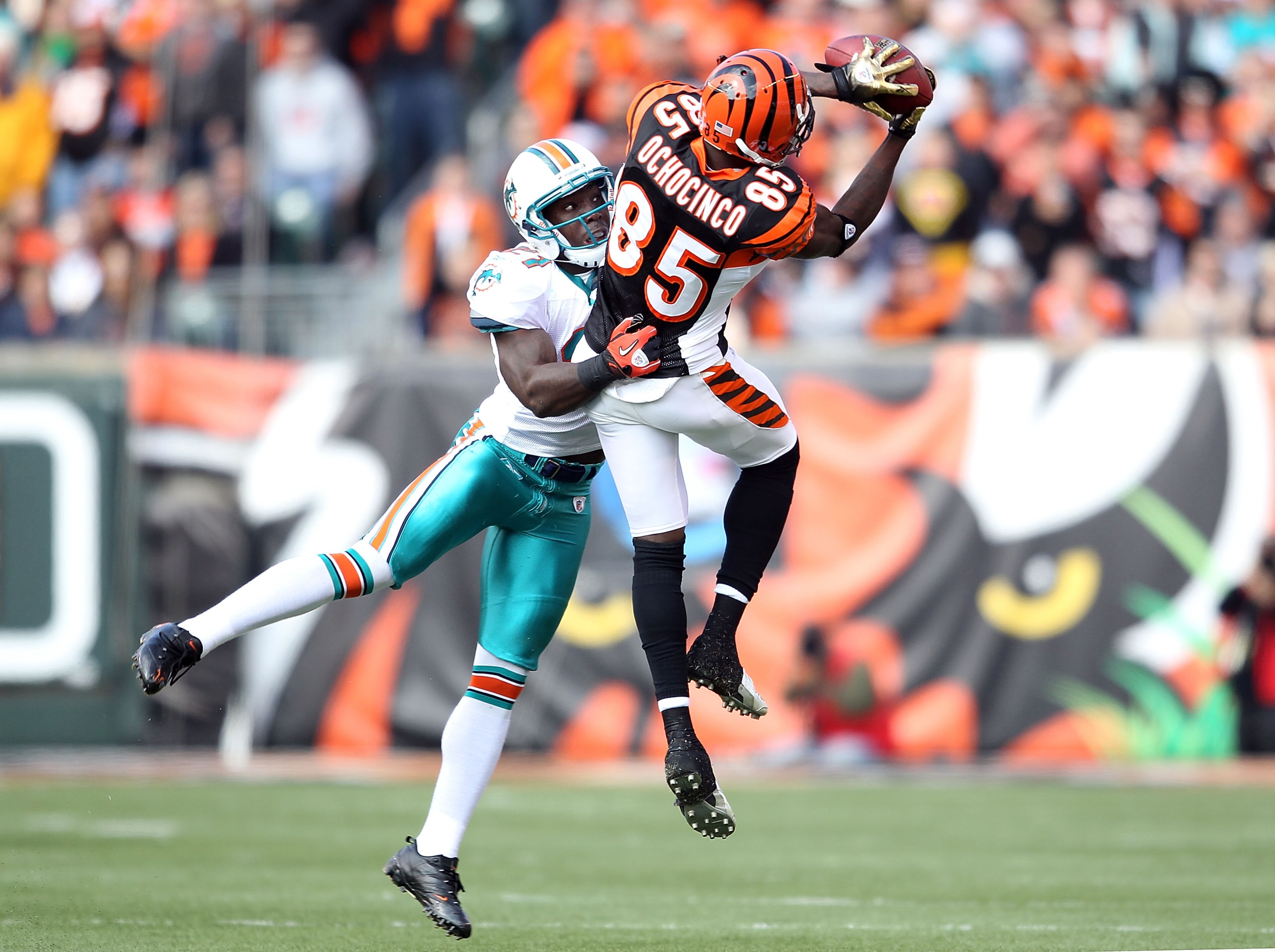 CINCINNATI - OCTOBER 31: Vontae Davis #21 of the Miami Dolphins defends Chad Ochocinco #85 of the Cincinnati Bengals as he catches a pass during the NFL game at Paul Brown Stadium on October 31, 2010 in Cincinnati, Ohio. (Photo by Andy Lyons/Getty Images CINCINNATI - OCTOBER 31: Vontae Davis #21 of the Miami Dolphins defends Chad Ochocinco #85 of the Cincinnati Bengals as he catches a pass during the NFL game at Paul Brown Stadium on October 31, 2010 in Cincinnati, Ohio. (Photo by Andy Lyons/Getty Images