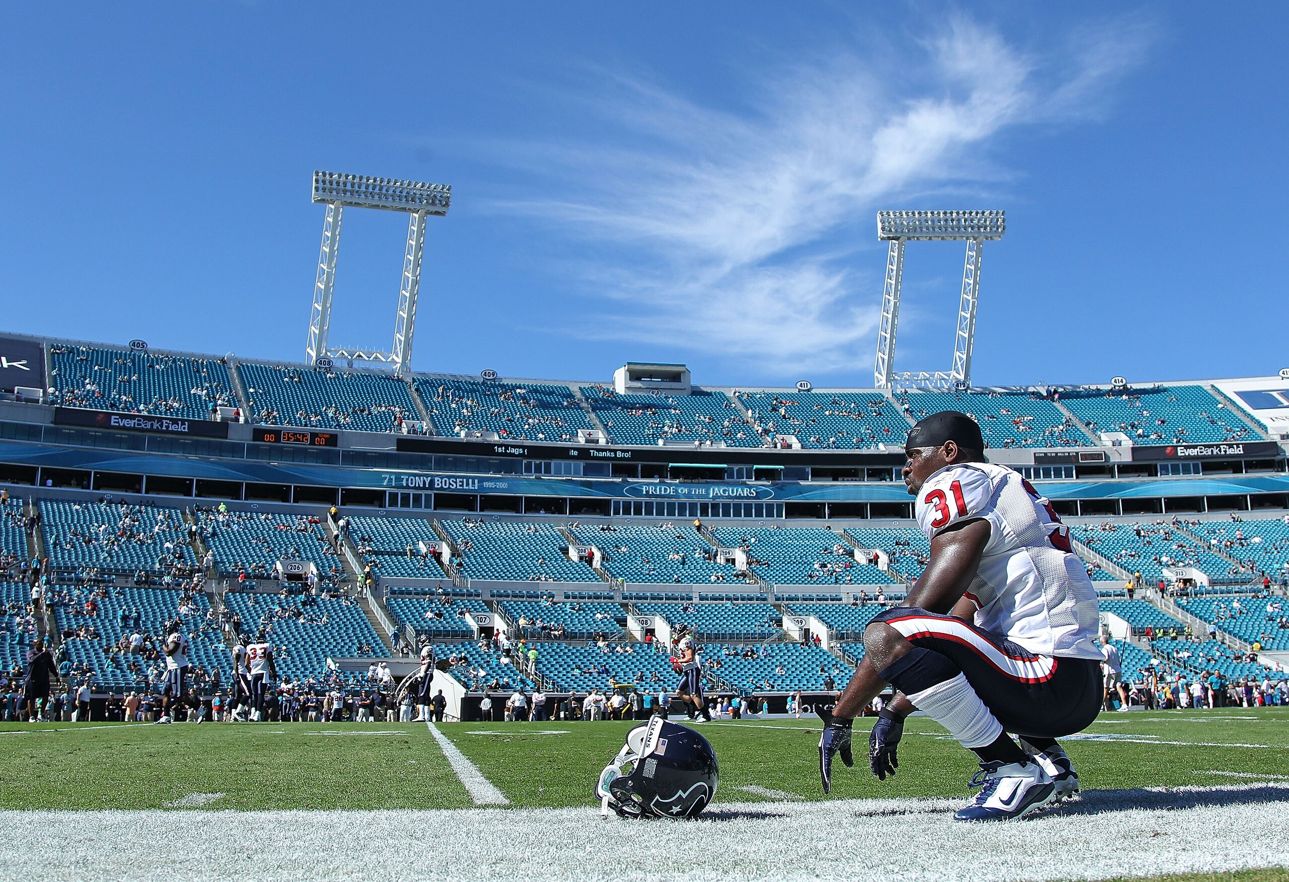 JACKSONVILLE, FL - NOVEMBER 14: Bernard Pollard #31 of the Houston Texans stretches before a game against the Jacksonville Jaguars at EverBank Field on November 14, 2010 in Jacksonville, Florida.  (Photo by Mike Ehrmann/Getty Images)