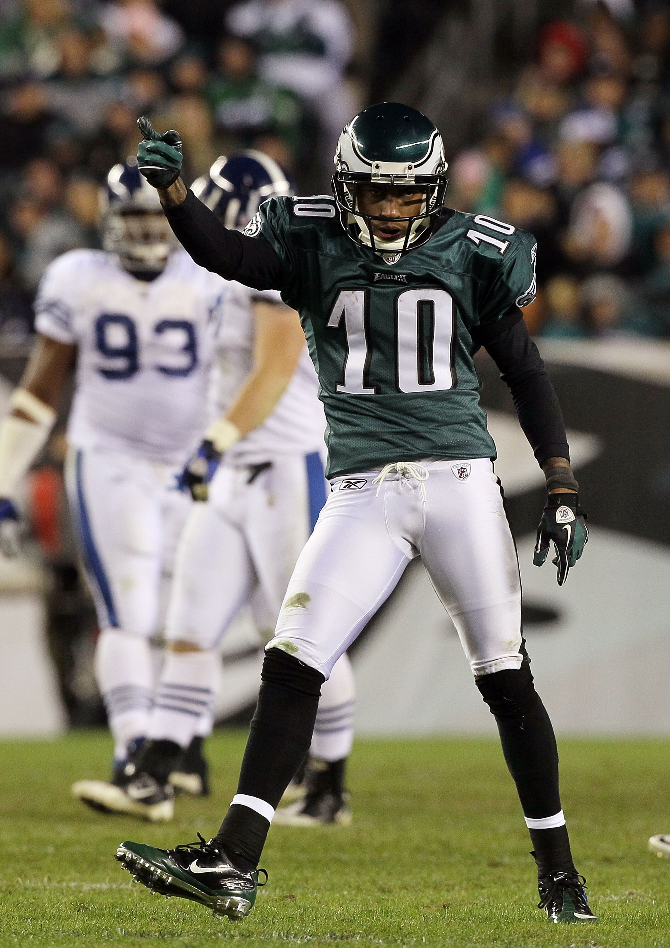 PHILADELPHIA - NOVEMBER 07:  DeSean Jackson #10 of the Philadelphia Eagles celebrates a first down against the Indianapolis Colts during the fourth quarter on November 7, 2010 at Lincoln Financial Field in Philadelphia, Pennsylvania. The Eagles defeated t