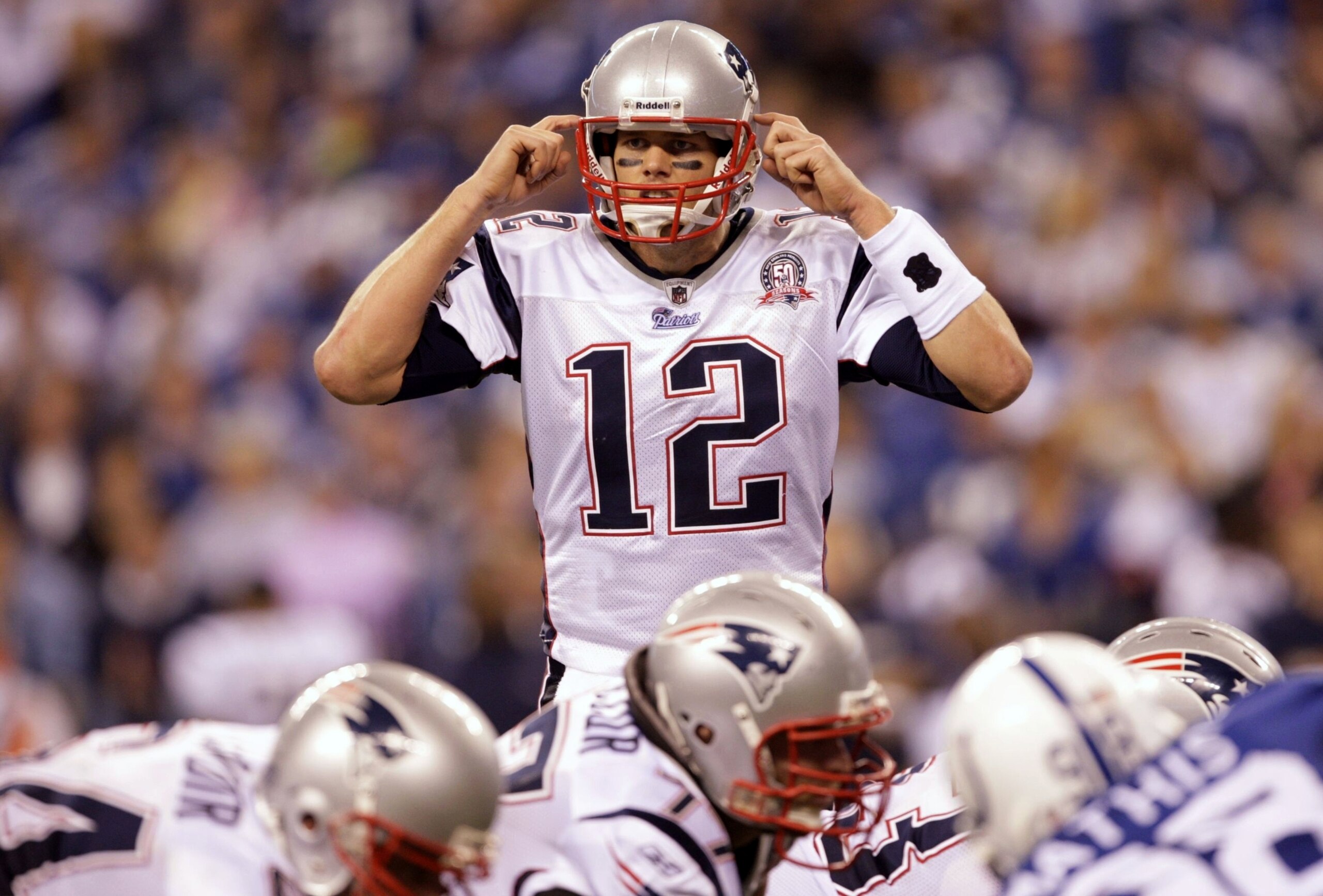 INDIANAPOLIS - NOVEMBER 15: Quarterback Tom Brady #12 of the New England Patriots calls a play in the fourth quarter of the game against the Indianapolis Colts at Lucas Oil Stadium on November 15, 2009 in Indianapolis, Indiana. The Colts won the game 35-3