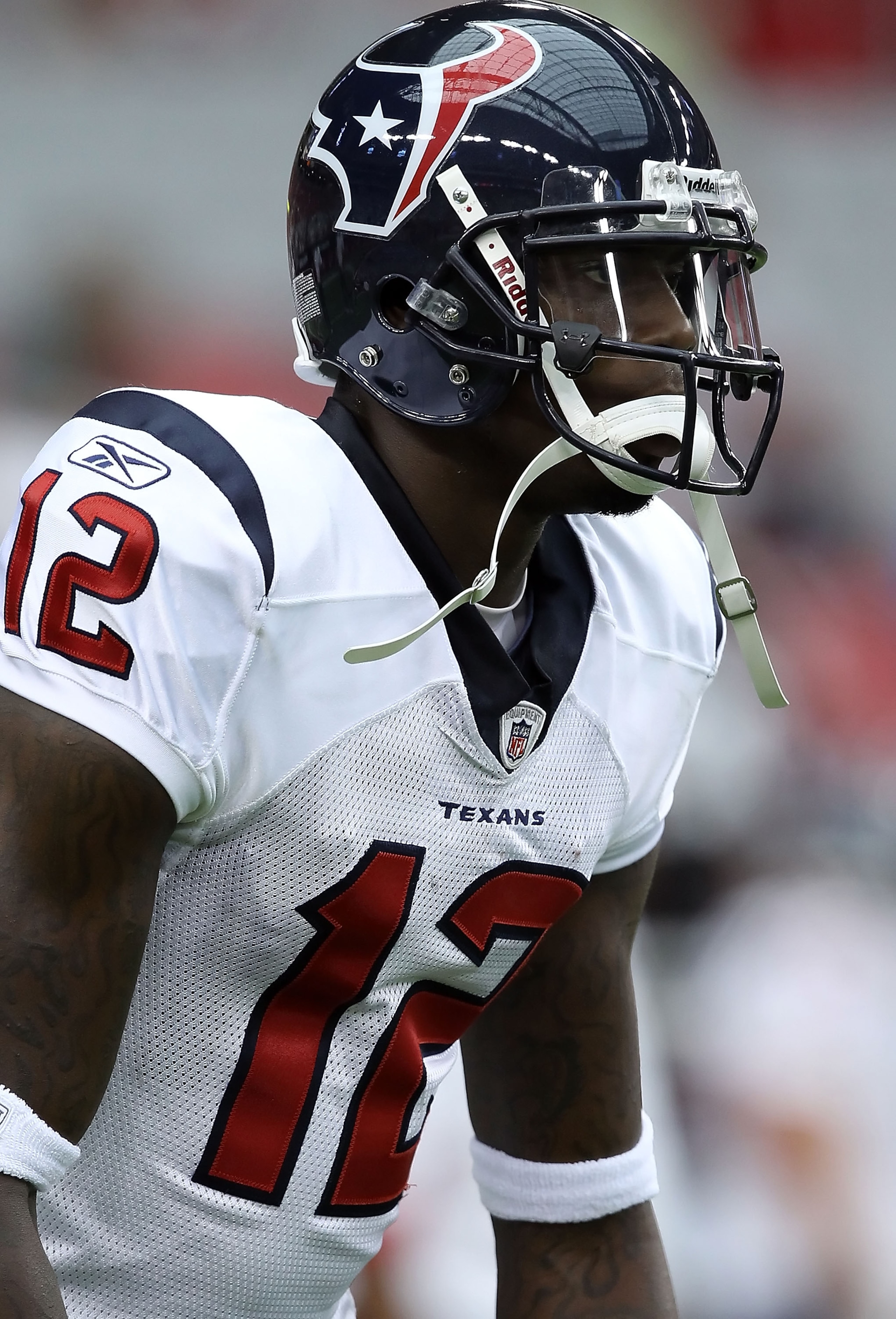 GLENDALE, AZ - AUGUST 14:  Wide receiver Jacoby Jones #12 of the Houston Texans during warm ups to the preseason NFL game against the Arizona Cardinals at the University of Phoenix Stadium on August 14, 2010 in Glendale, Arizona.  The Cardinals defeated t