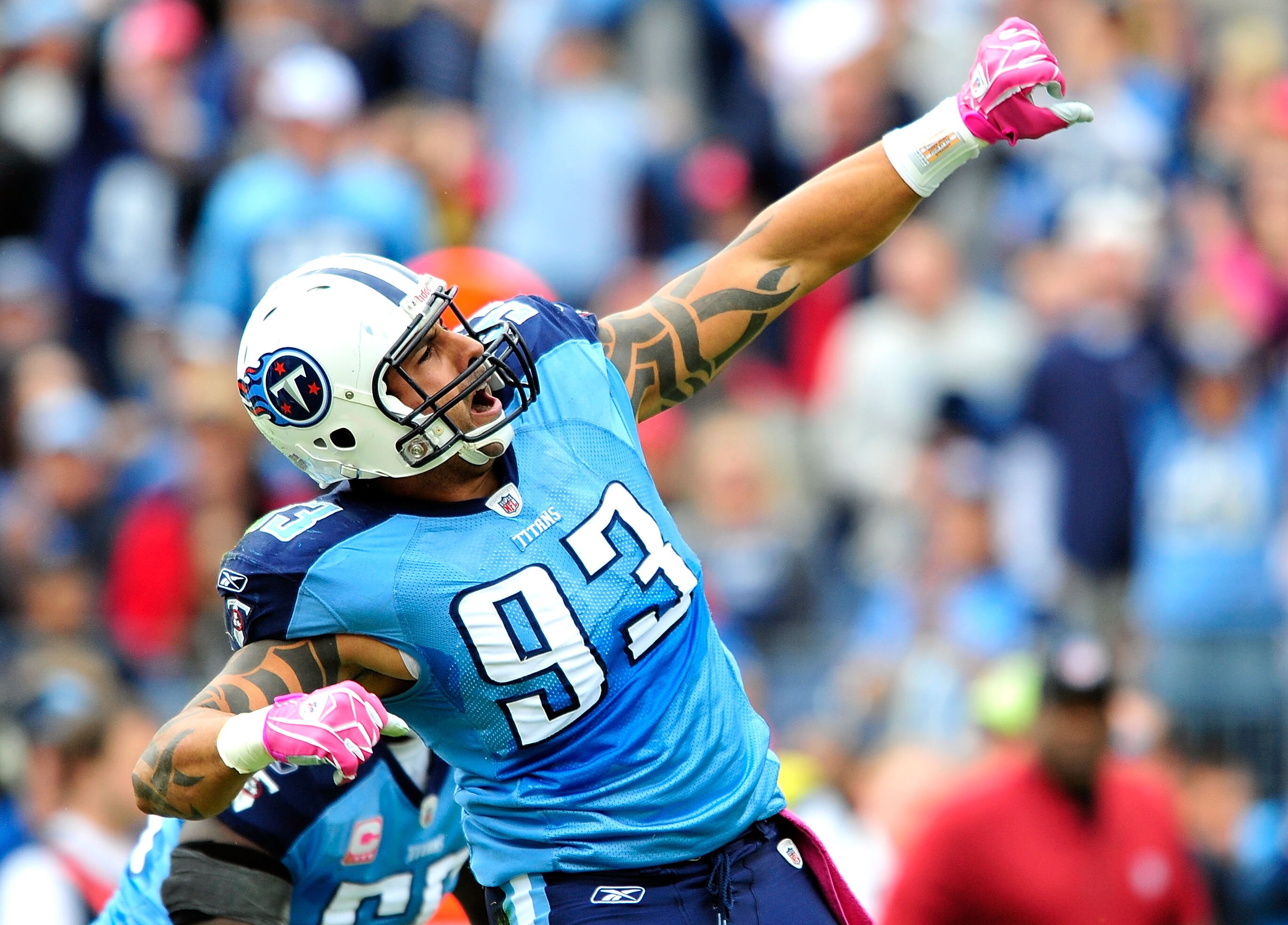 NASHVILLE, TN - OCTOBER 03:  Jason Babin #93 of the Tennessee Titans celebrates after sacking quarterback Kyle Orton #8 of the Denver Broncos during the first half at LP Field on October 3, 2010 in Nashville, Tennessee.  (Photo by Grant Halverson/Getty Im