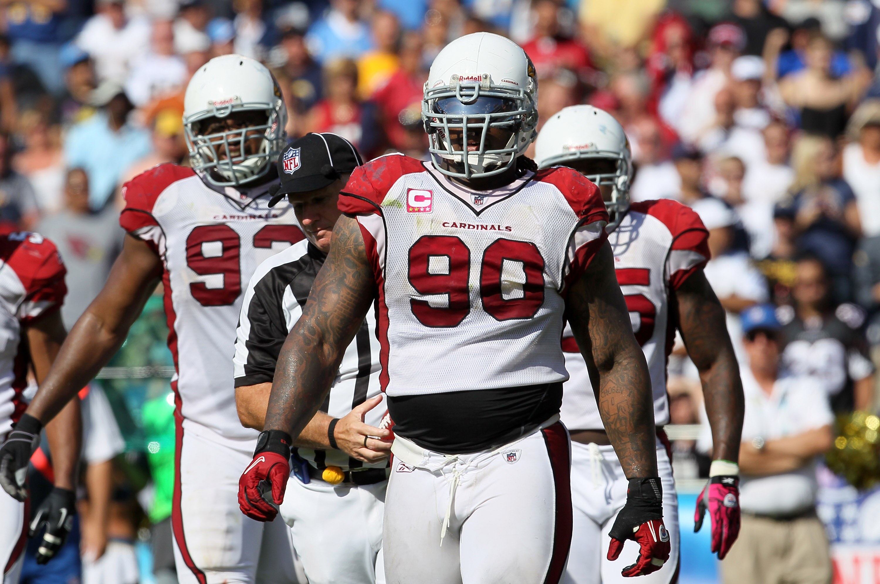SAN DIEGO - OCTOBER 03:  Defensive tackle Darnell Dockettl #90 of the Arizona Cardinals on the field against the San Diego Chargers at Qualcomm Stadium on October 3, 2010 in San Diego, California.  The Chargers won 41-10.  (Photo by Stephen Dunn/Getty Ima