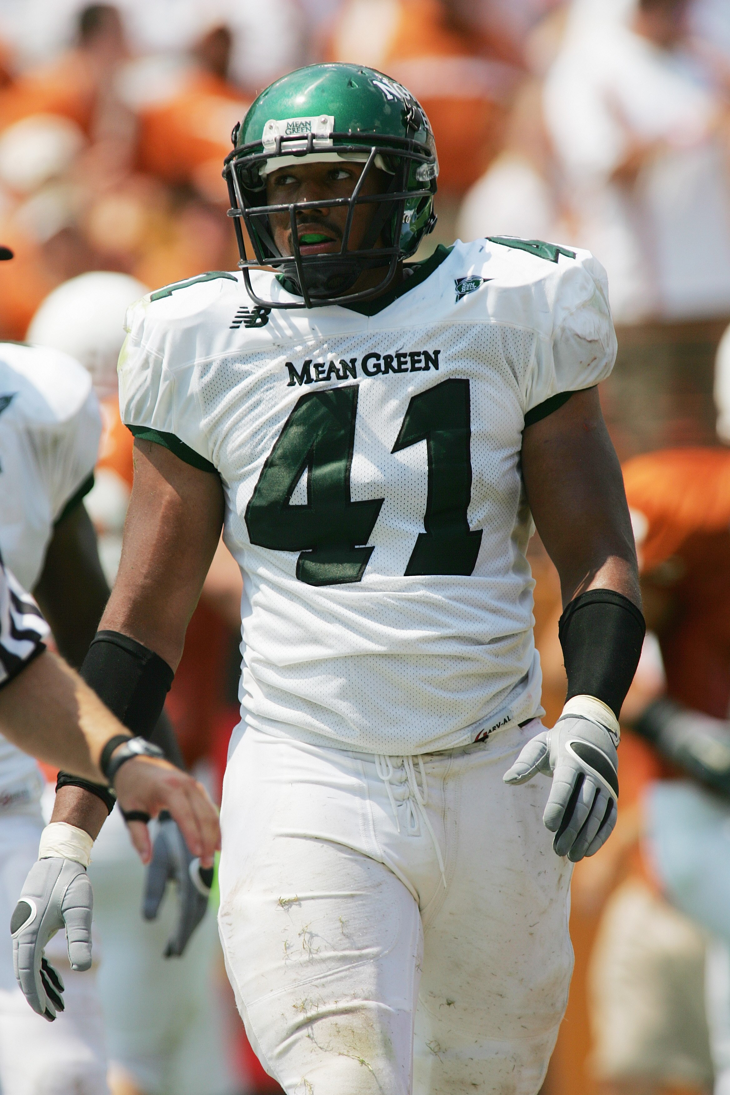 AUSTIN, TX - SEPTEMBER 2:  Maurice Holman #41 of the North Texas Eagles looks on against the Texas Longhorns on September 2, 2006 at Texas Memorial Stadium in Austin, Texas. The Longhorns defeated the Eagles 56-7. (Photo by Ronald Martinez/Getty Images)