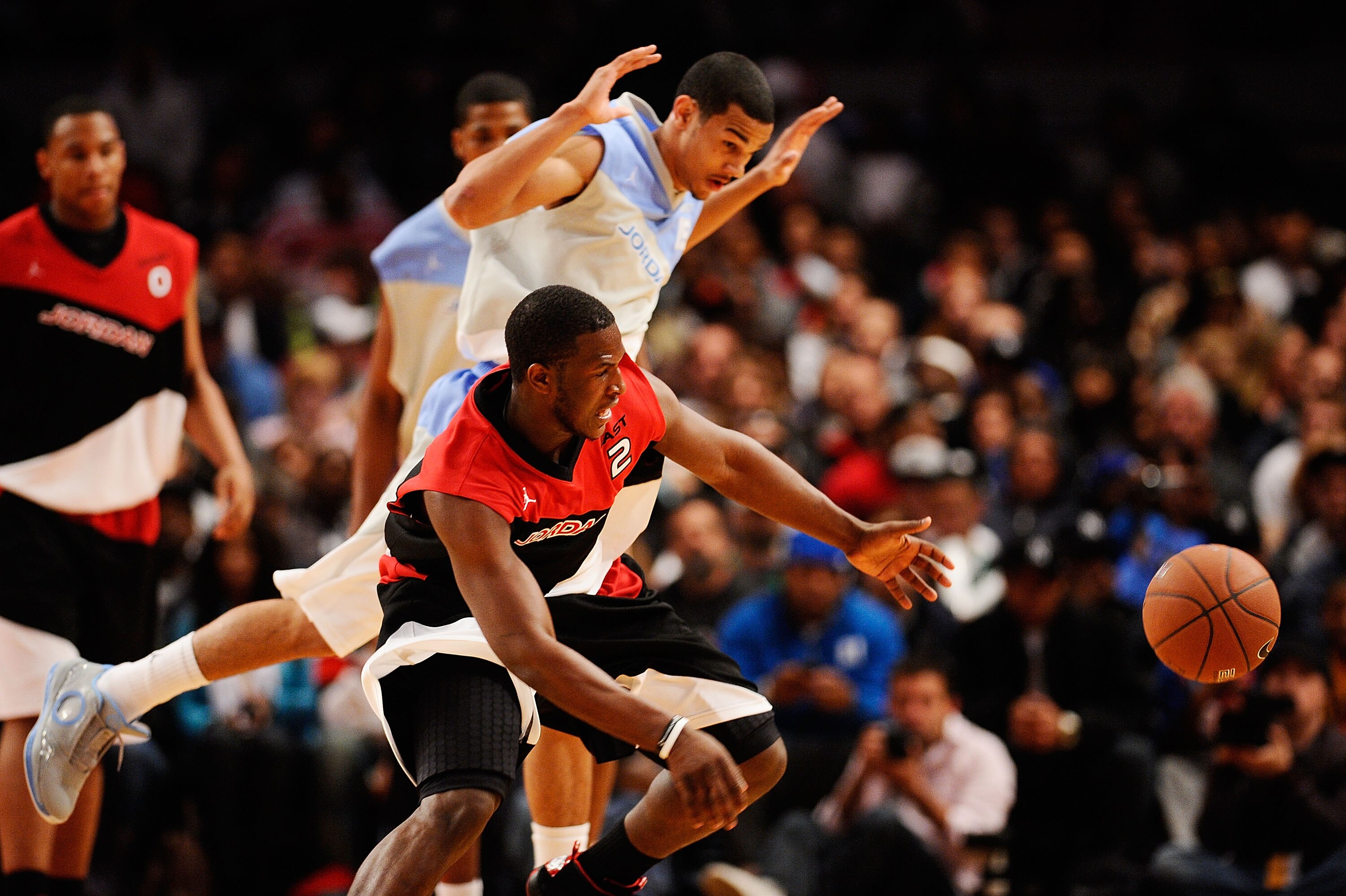 NEW YORK - APRIL 17:  Dion Waiters #2 of East team and Cory Joseph #15 of West Team reach for the ball during the National Game at the 2010 Jordan Brand classic at Madison Square Garden on April 17, 2010 in New York City.  (Photo by Jeff Zelevansky/Getty