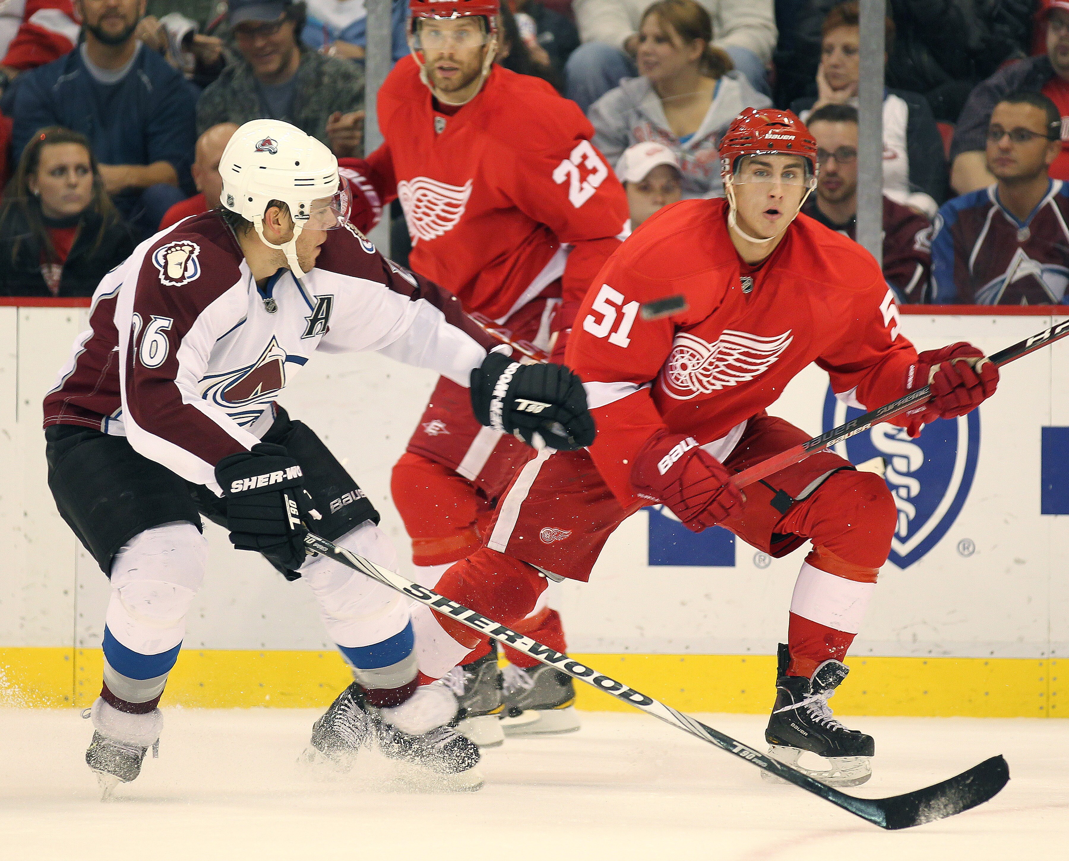 DETROIT,MI - NOVEMBER 13:  Paul Stastny #26 of the Colorado Avalanche tries to keep the puck away from Valtteri Filppula #51 of the Detroit Red Wings in a game on November 13, 2010 at the Joe Louis Arena in Detroit, Michigan. (Photo by Claus Andersen/Gett