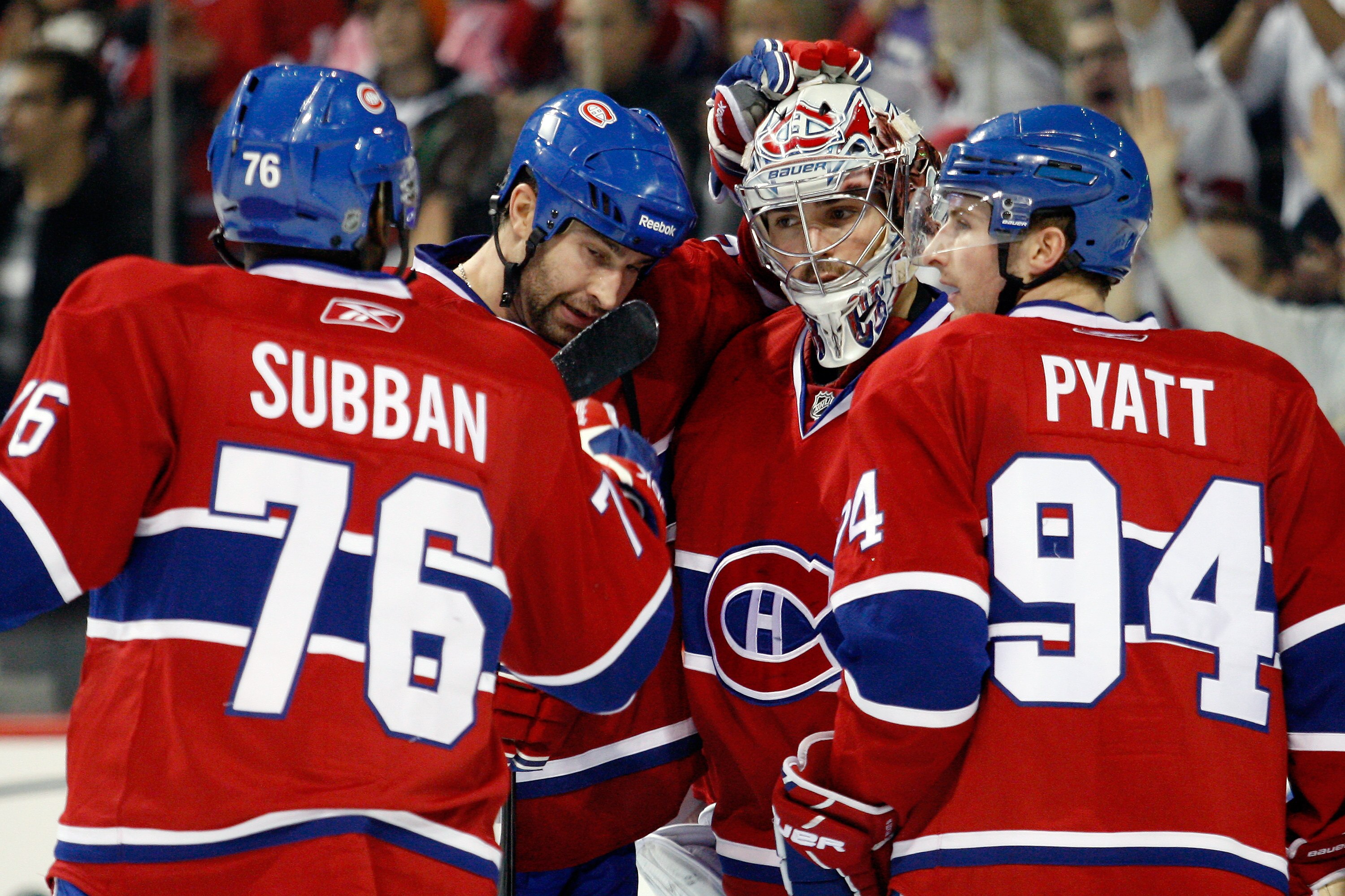 MONTREAL- NOVEMBER 13:  Members of the Montreal Canadiens celebrate their 7-2 victory over the Carolina Hurricanes with goalie Carey Price #31 during the NHL game at the Bell Centre on November 13, 2010 in Montreal, Quebec, Canada.  The Canadiens defeated