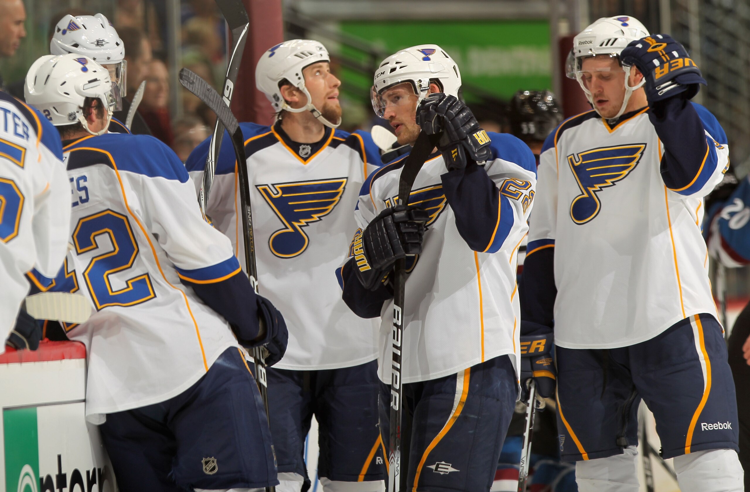 DENVER - NOVEMBER 15:  (L-R) David Backes #42, Tyson Strachan #33, Brad Boyes #22 and Nikita Nikitin #64 of the St. Louis Blues look on during a time out against the Colorado Avalanche at the Pepsi Center on November 15, 2010 in Denver, Colorado. The Aval
