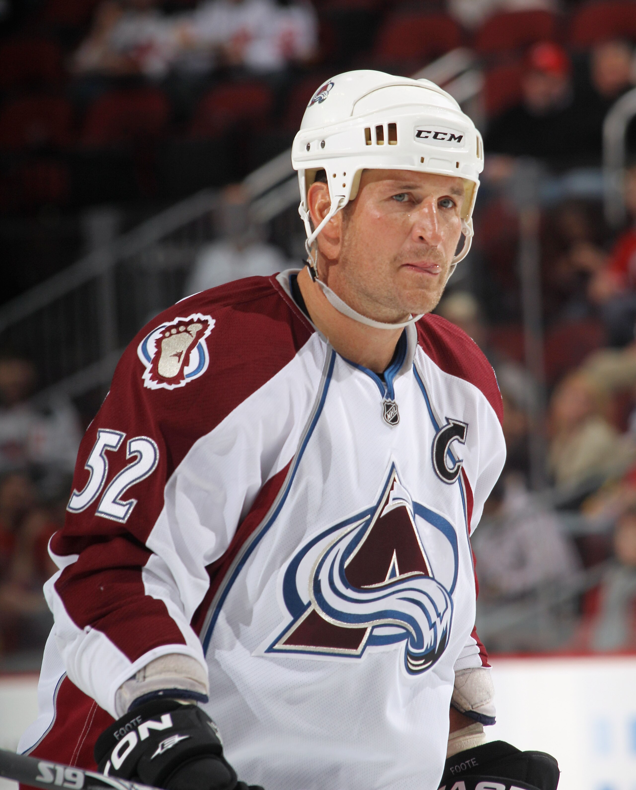 NEWARK, NJ - OCTOBER 15:  Adam Foote #52 of the Colorado Avalanche skates against the New Jersey Devils at the Prudential Center on October 15, 2010 in Newark, New Jersey.  (Photo by Bruce Bennett/Getty Images)