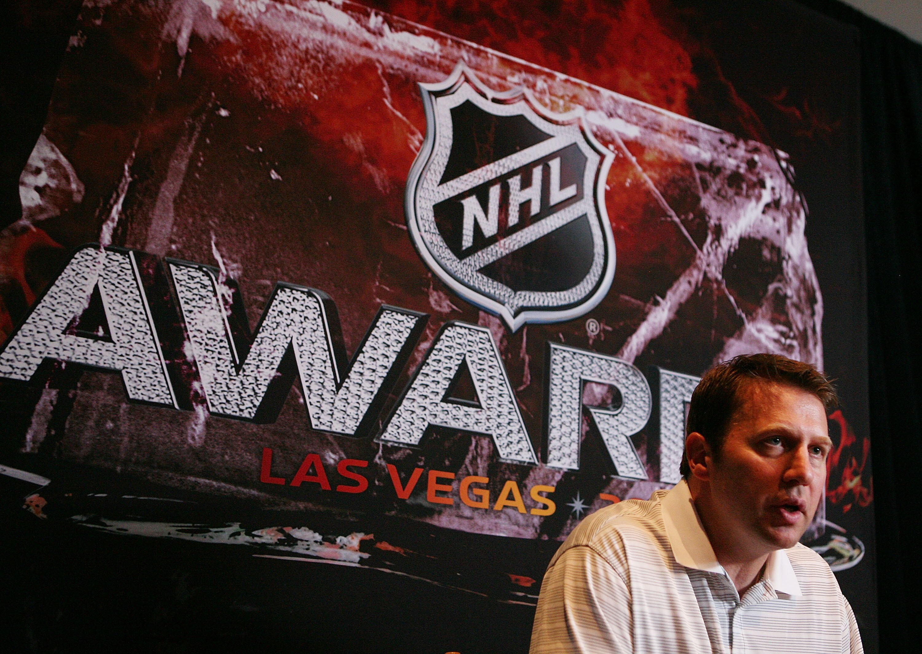 LAS VEGAS - JUNE 22: Coach of the year candidate Joe Sacco of the Colorado Avalanche is interviewed by the media at the Palms Casino Resort on June 22, 2010 in Las Vegas, Nevada. (Photo by Bruce Bennett/Getty Images)