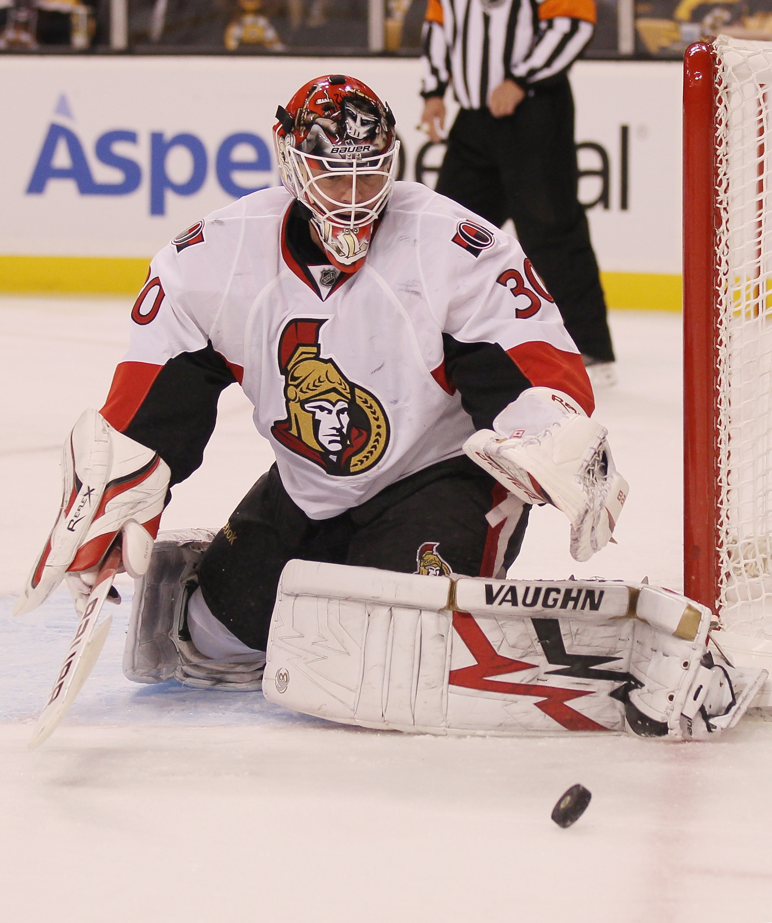BOSTON - NOVEMBER 13:  Brian Elliott #30 of the Ottawa Senators stops a shot in the third period against the Boston Bruins on November 13, 2010 at the TD Garden in Boston, Massachusetts. The Ottawa Senators defeated the Boston Bruins 2-0.  (Photo by Elsa/