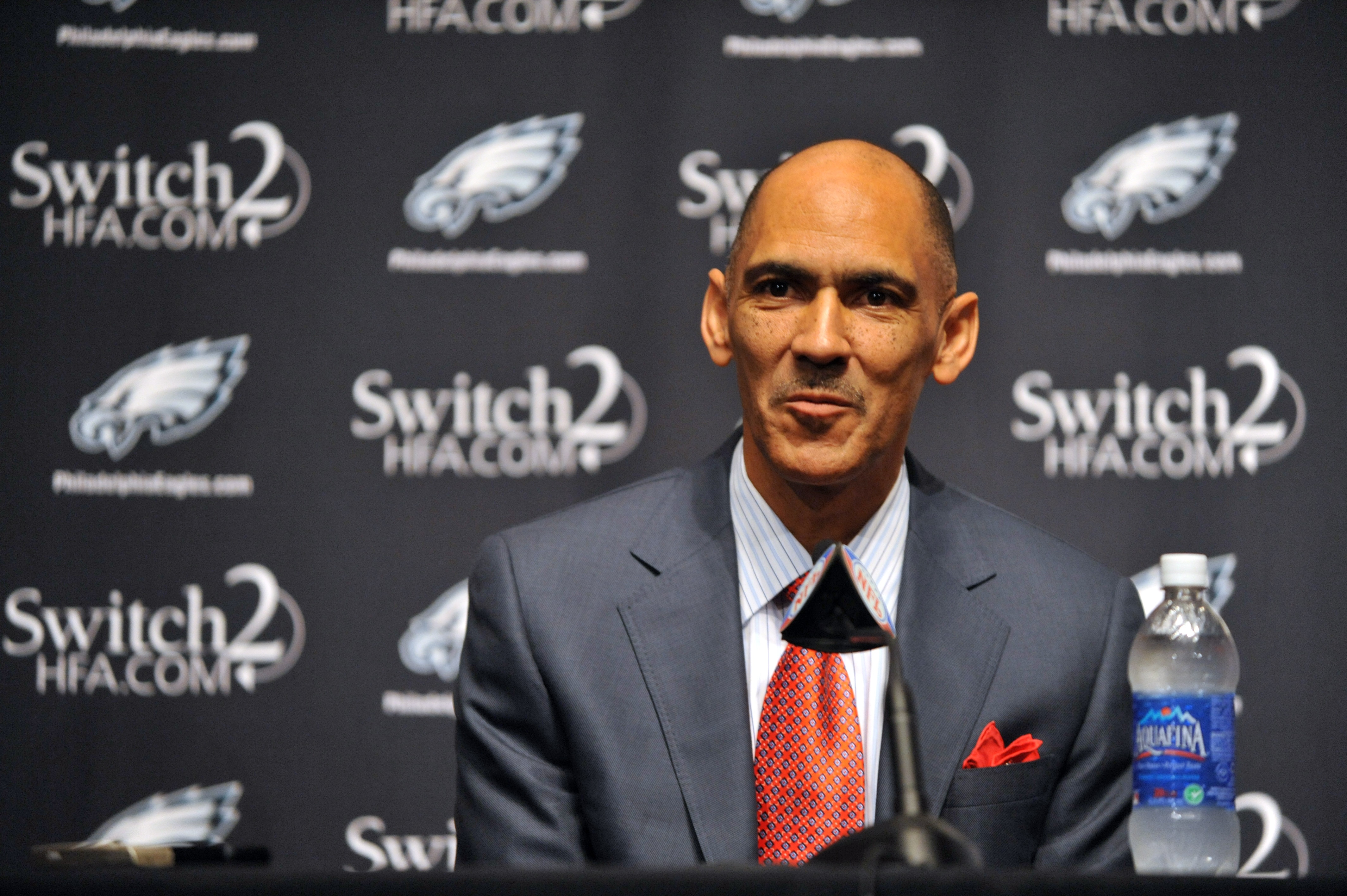 PHILADELPHIA - AUGUST 14: Tony Dungy speaks at a press conference introducing Michael Vick at the NovaCare Complex on August 14, 2009 in Philadelphia, Pennsylvania. Vick signed a one-year contract, with a second year option, with the Eagles.  (Photo by La