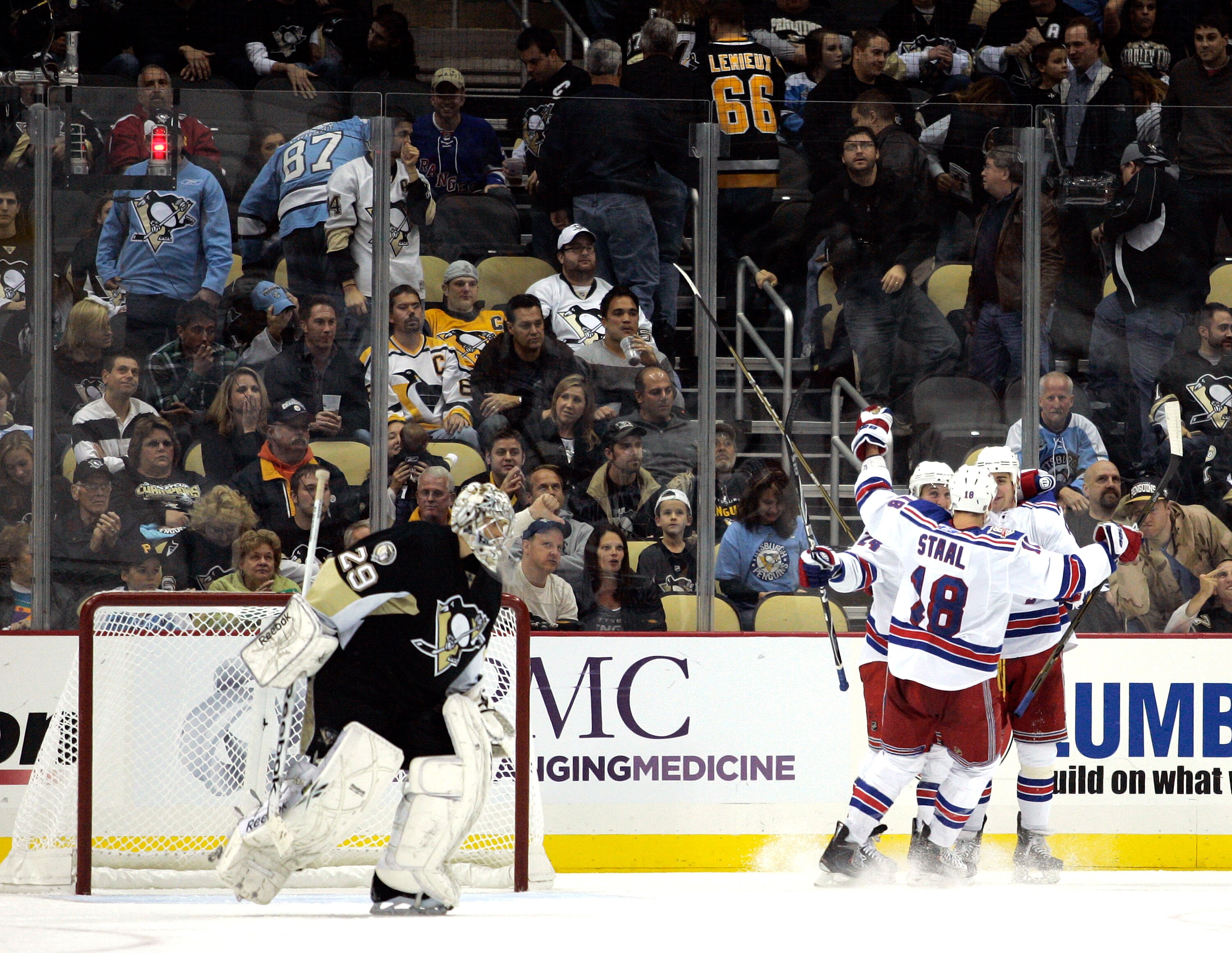 PITTSBURGH - NOVEMBER 15:  Ryan Callahan #24 of the New York Rangers celebrates his game-winning overtime goal against the Pittsburgh Penguins at Consol Energy Center on November 15, 2010 in Pittsburgh, Pennsylvania.  The Rangers defeated the Penguins 3-2