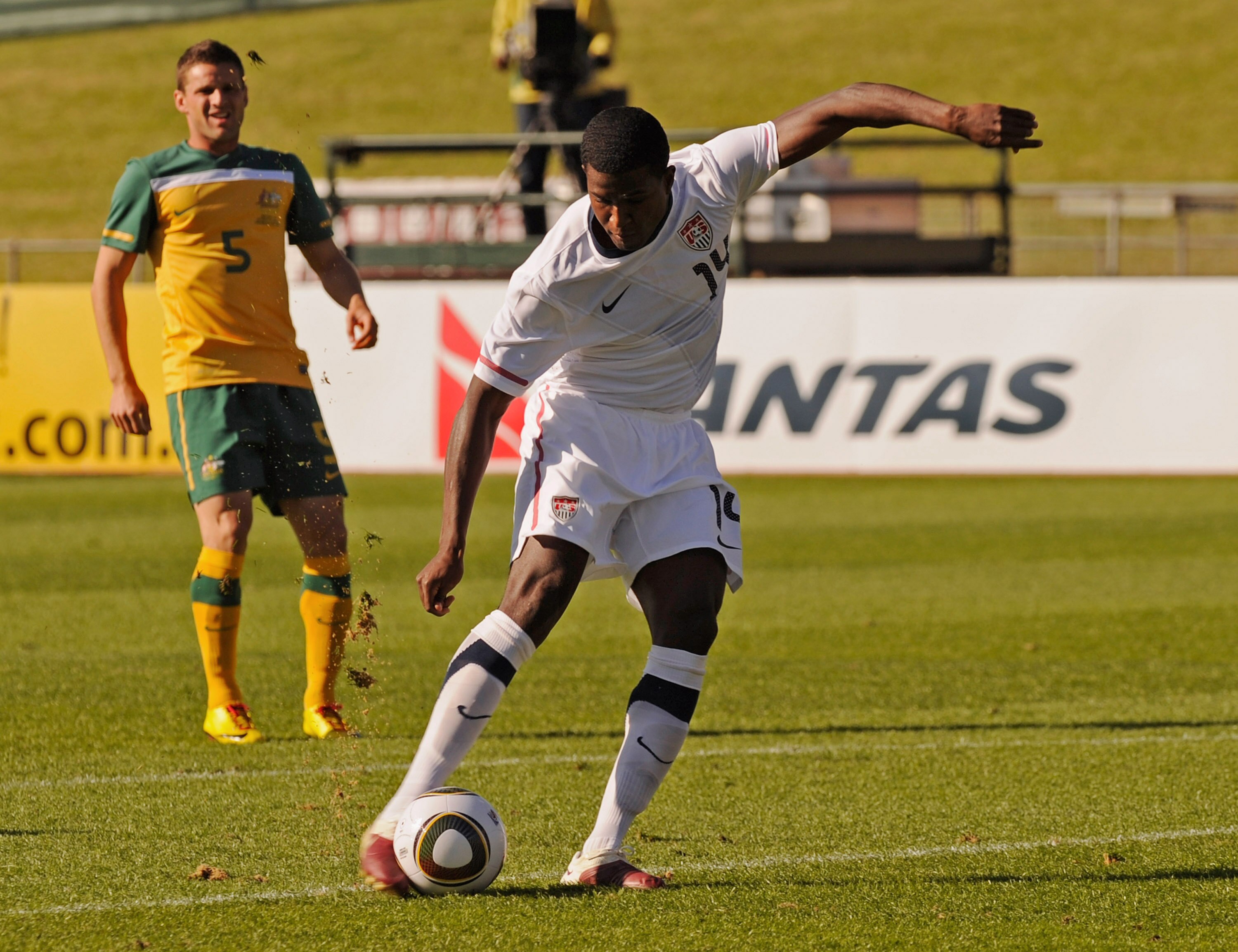 ROODEPOORT, SOUTH AFRICA - JUNE 05:  Edson Buddle #14 of USA scores a goal against Australia during first half of the 2010 FIFA World Cup Pre-Tournament match between the Australian Socceroos and the United States of America at Ruimsig Stadium on June 5,