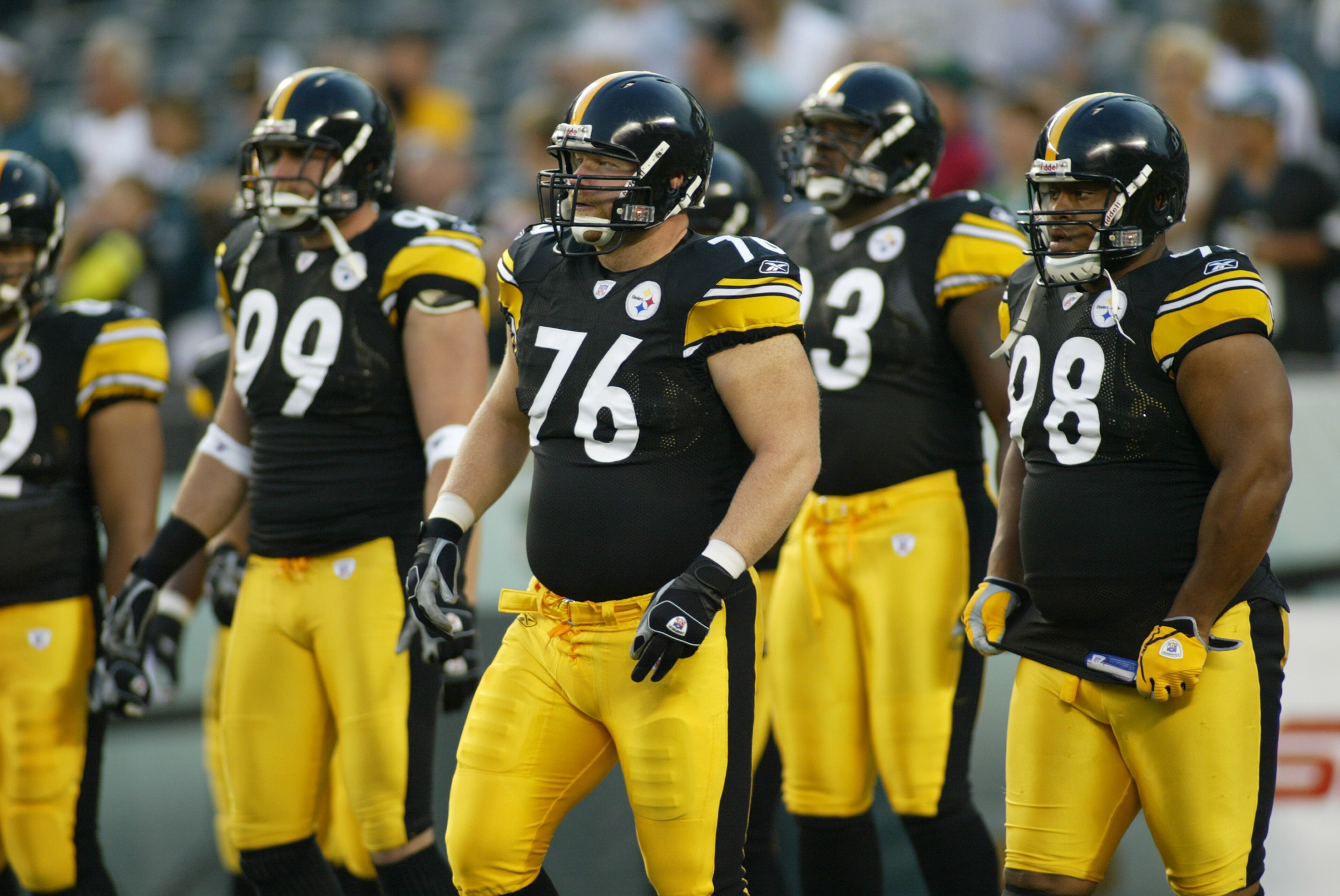 PHILADELPHIA - AUGUST 25:  Defensive tackles Chris Hoke #76 and Casey Hampton #98 of the Pittsburgh Steelers stand on the field during a preseason game against the Philadelphia Eagles on August 25, 2006 at Lincoln Financial Field in Philadelphia, Pennsylv