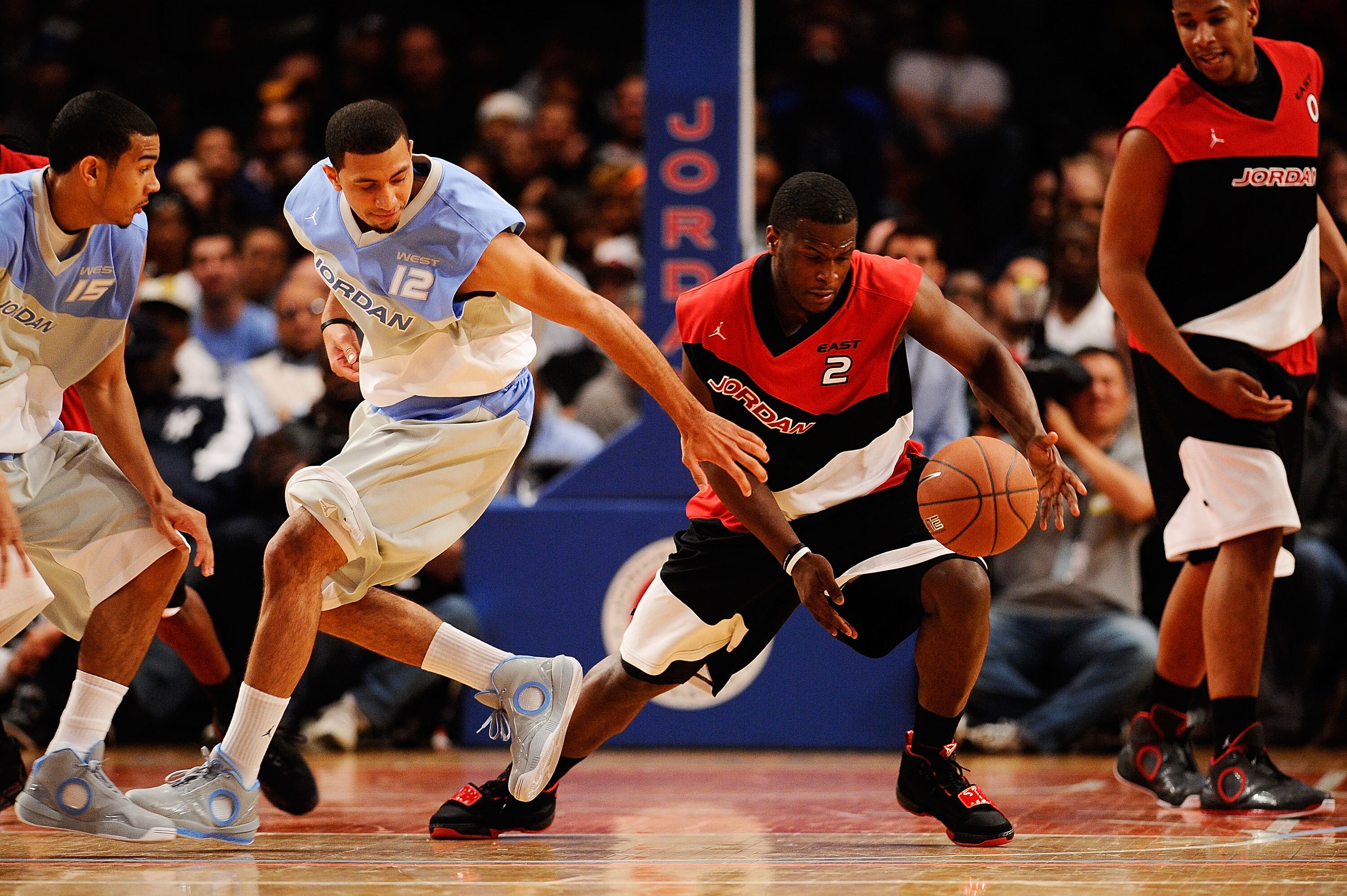 NEW YORK - APRIL 17: Tobias Harris #12 of West Team and Dion Waiters #2 of East Team fight for a loose ball during the National Game at the 2010 Jordan Brand classic at Madison Square Garden on April 17, 2010 in New York City. (Photo by Jeff Zelevansky/ NEW YORK - APRIL 17: Tobias Harris #12 of West Team and Dion Waiters #2 of East Team fight for a loose ball during the National Game at the 2010 Jordan Brand classic at Madison Square Garden on April 17, 2010 in New York City. (Photo by Jeff Zelevansky/