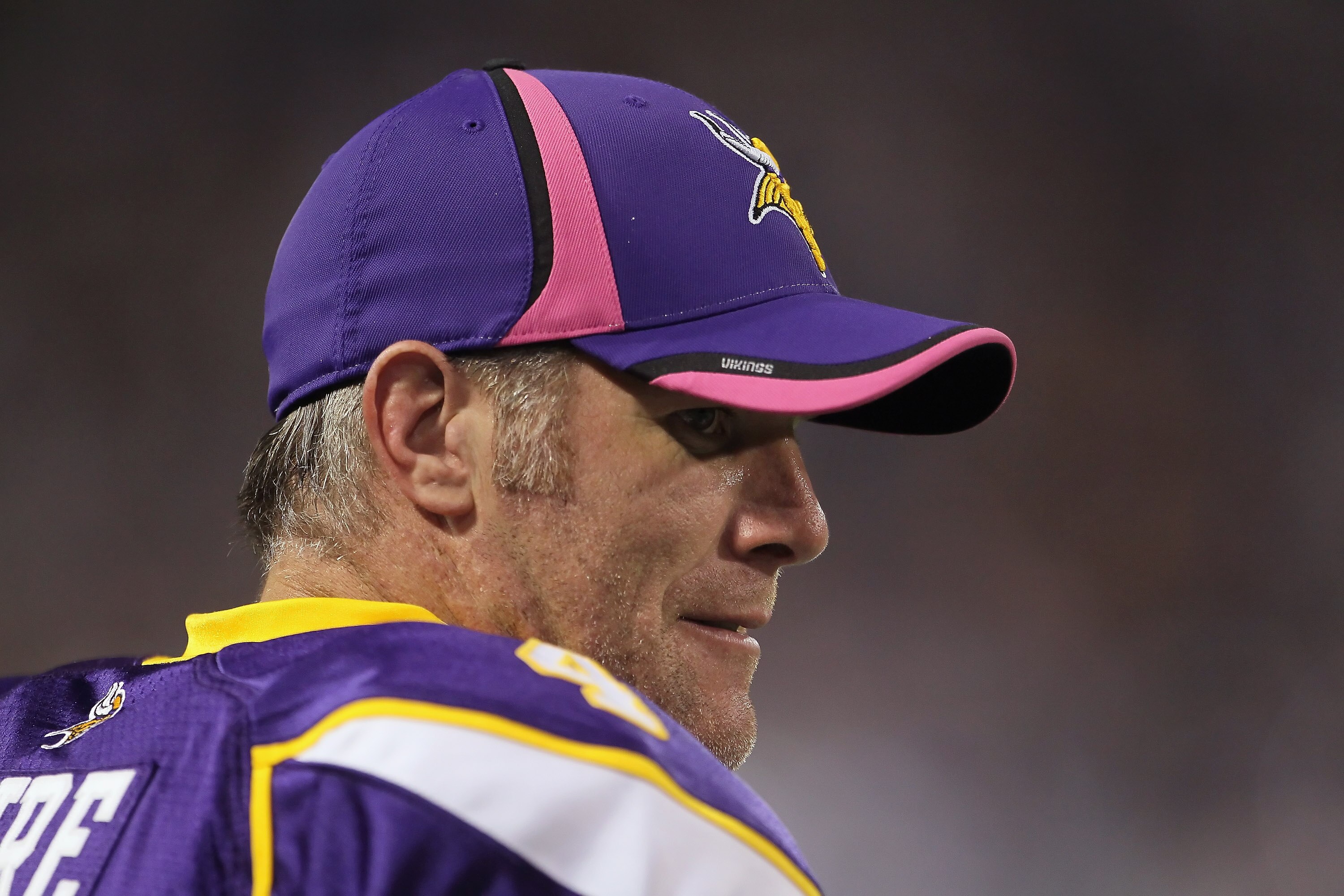 MINNEAPOLIS - OCTOBER 17:  Quarterback Brett Favre #4 of the Minnesota Vikings looks on during the game against the Dallas Cowboys at Mall of America Field on October 17, 2010 in Minneapolis, Minnesota. The Vikings defeated the Cowboys 24-21.  (Photo by J