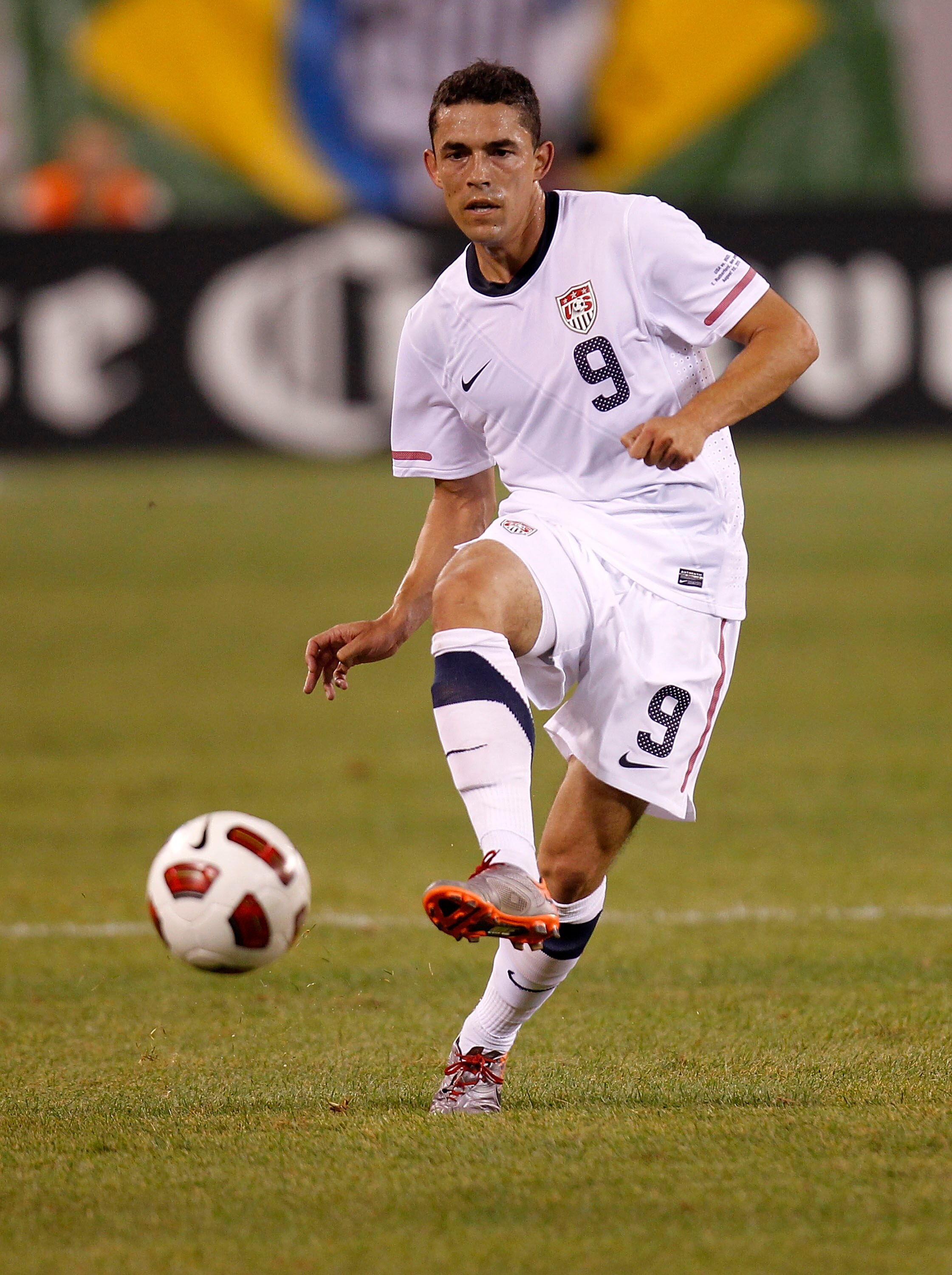EAST RUTHERFORD, NJ - AUGUST 10: Herculez Gomez #9 of the U.S. faces Brazil in the second half of a friendly match at the New Meadowlands on August 10, 2010 in East Rutherford, New Jersey. (Photo by Jeff Zelevansky/Getty Images)