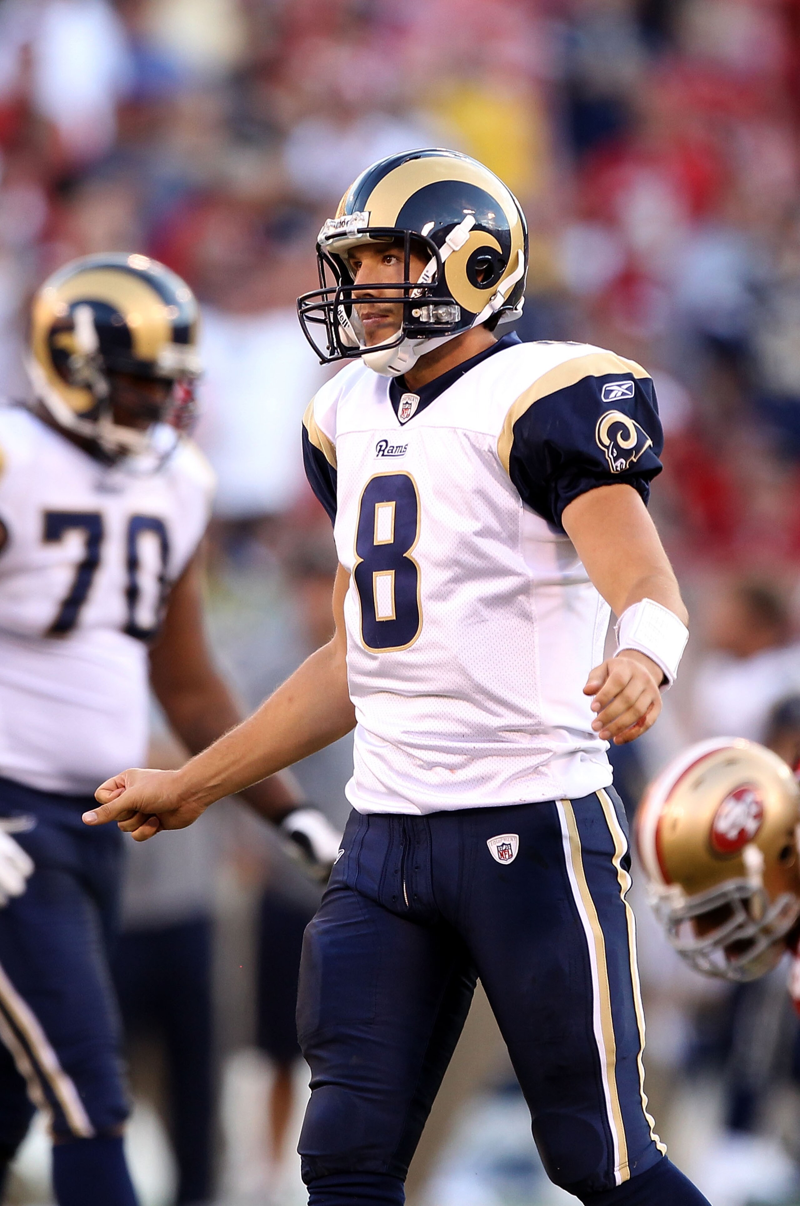 SAN FRANCISCO - NOVEMBER 14:  Sam Bradford #8 of the St. Louis Rams reacts after the Rams were unable to convert on third down against the San Francisco 49ers at Candlestick Park on November 14, 2010 in San Francisco, California.  (Photo by Ezra Shaw/Gett