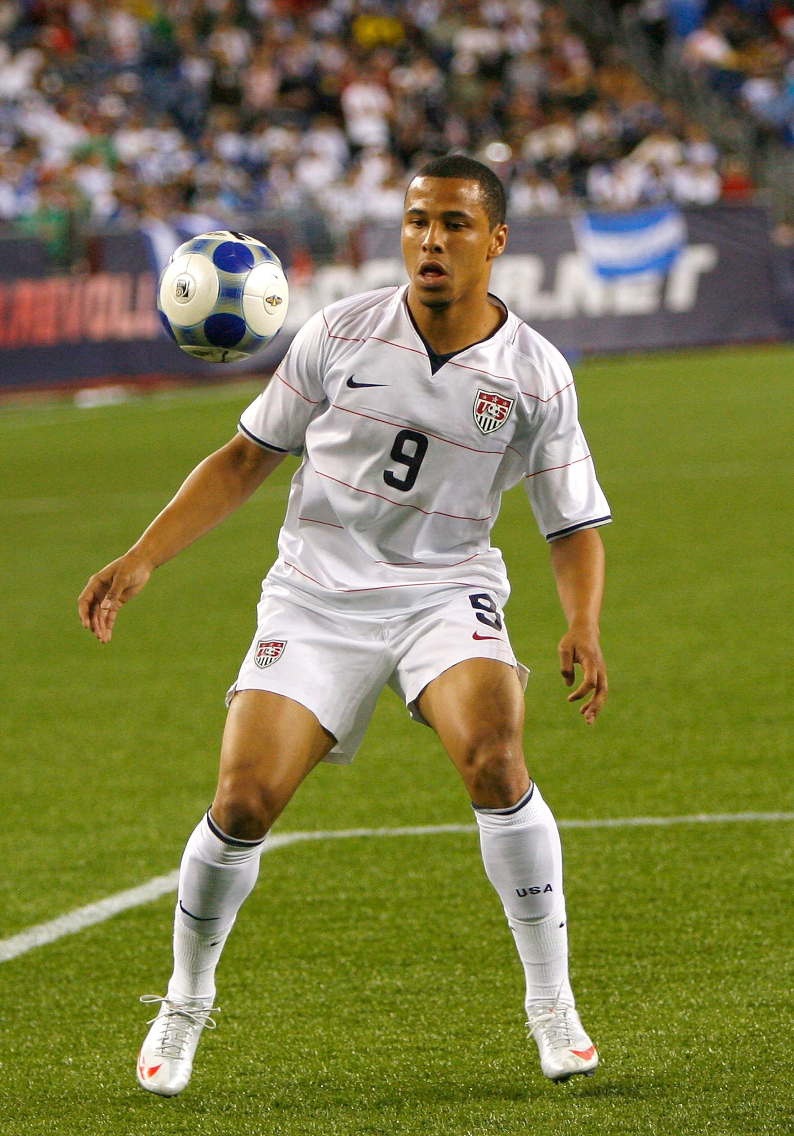 FOXBOROUGH, MA - JULY 11:  Charlie Davies #9 of USA competes against Haiti during 2009 CONCACAF Gold Cup competition at Gillette Stadium on July 11, 2009 in Foxborough, Massachusetts. USA and Haiti played to a 2-2 draw. (Photo by Jim Rogash/Getty Images)