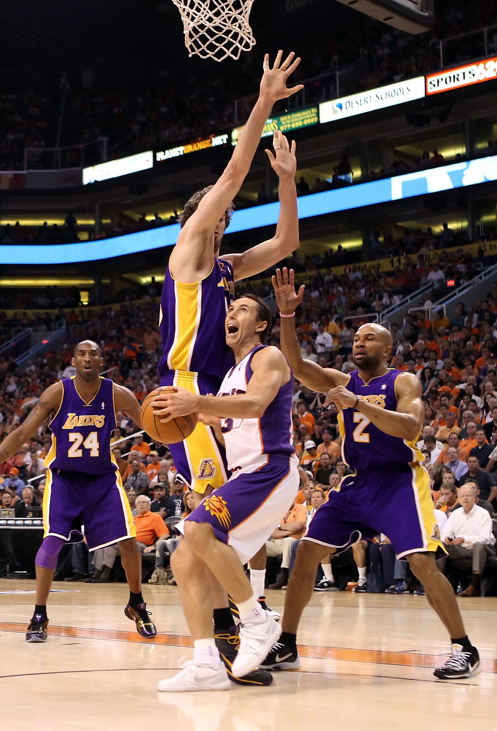 PHOENIX - MAY 25:  Steve Nash #13 of the Phoenix Suns drives with the ball during Game Four of the Western Conference finals of the 2010 NBA Playoffs against the Los Angeles Lakers at US Airways Center on May 25, 2010 in Phoenix, Arizona. The Suns defeate