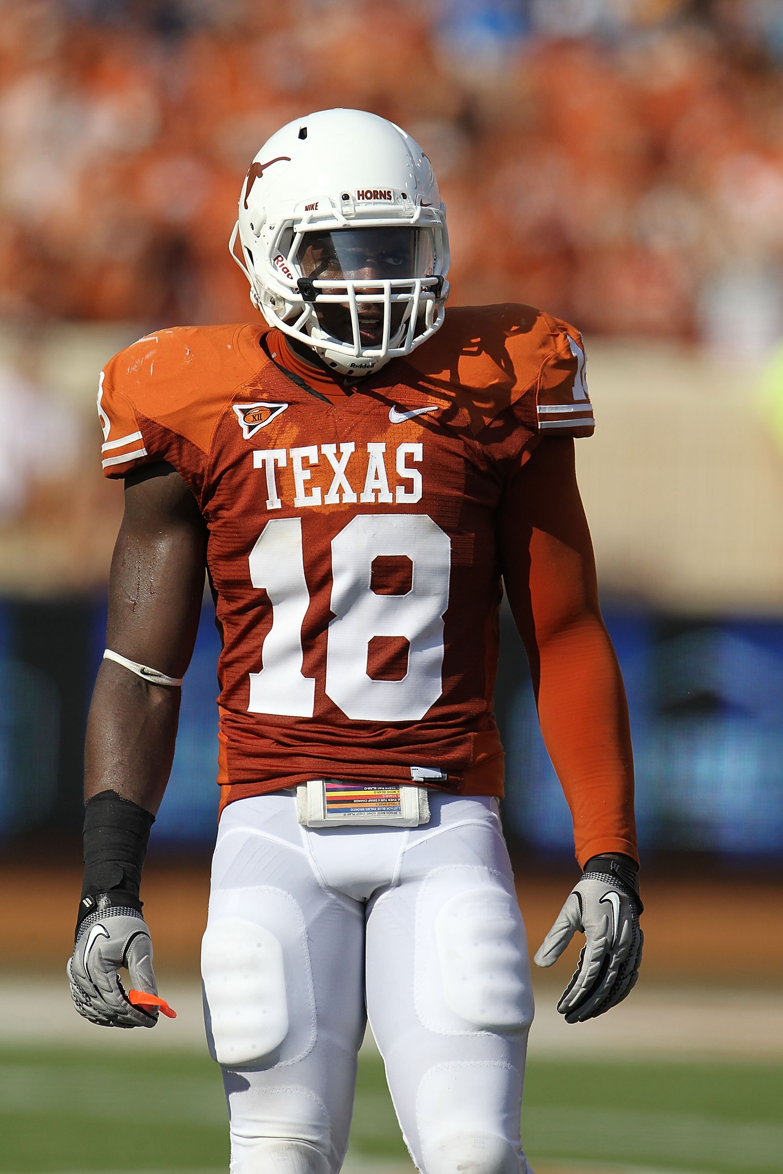 AUSTIN, TX - SEPTEMBER 25: Linebacker Emmanuel Acho #18 of the Texas Longhorns at Darrell K Royal-Texas Memorial Stadium on September 25, 2010 in Austin, Texas. (Photo by Ronald Martinez/Getty Images) AUSTIN, TX - SEPTEMBER 25: Linebacker Emmanuel Acho #18 of the Texas Longhorns at Darrell K Royal-Texas Memorial Stadium on September 25, 2010 in Austin, Texas. (Photo by Ronald Martinez/Getty Images)