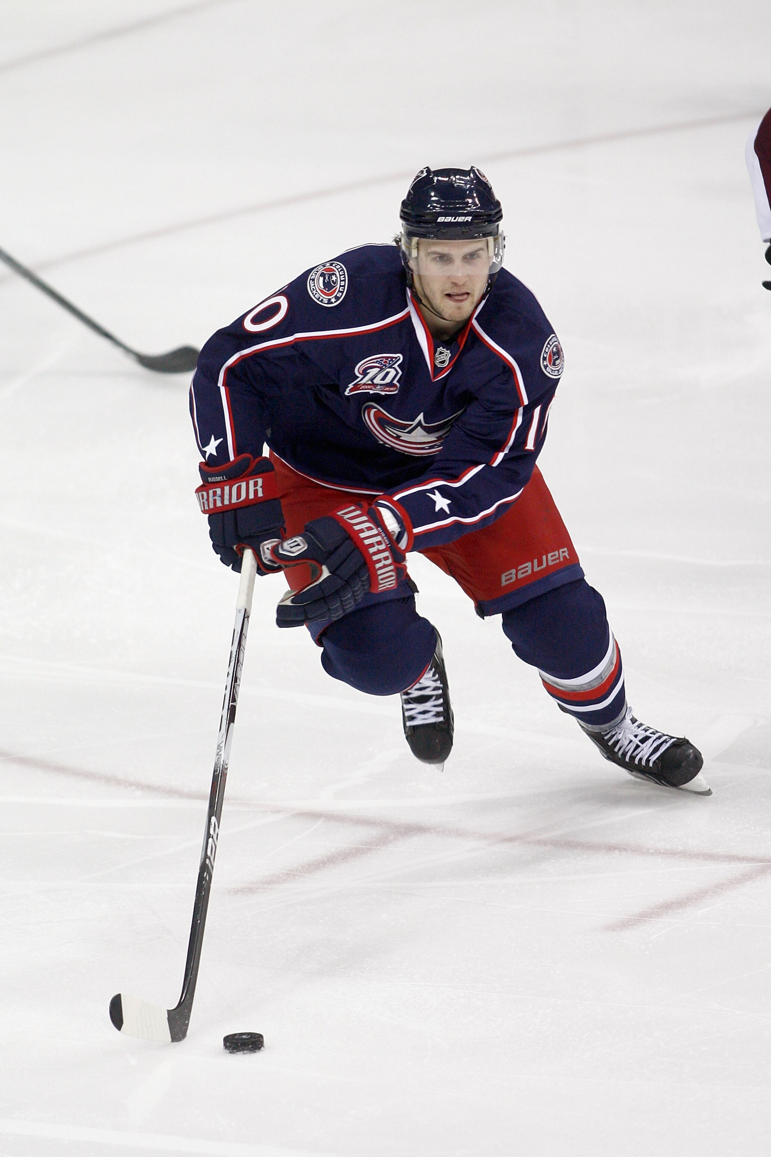 COLUMBUS,OH - NOVEMBER 12:  Kris Russell #10 of the Columbus Blue Jackets skates against the Colorado Avalanche on November 12, 2010 at Nationwide Arena in Columbus, Ohio.  (Photo by John Grieshop/Getty Images)
