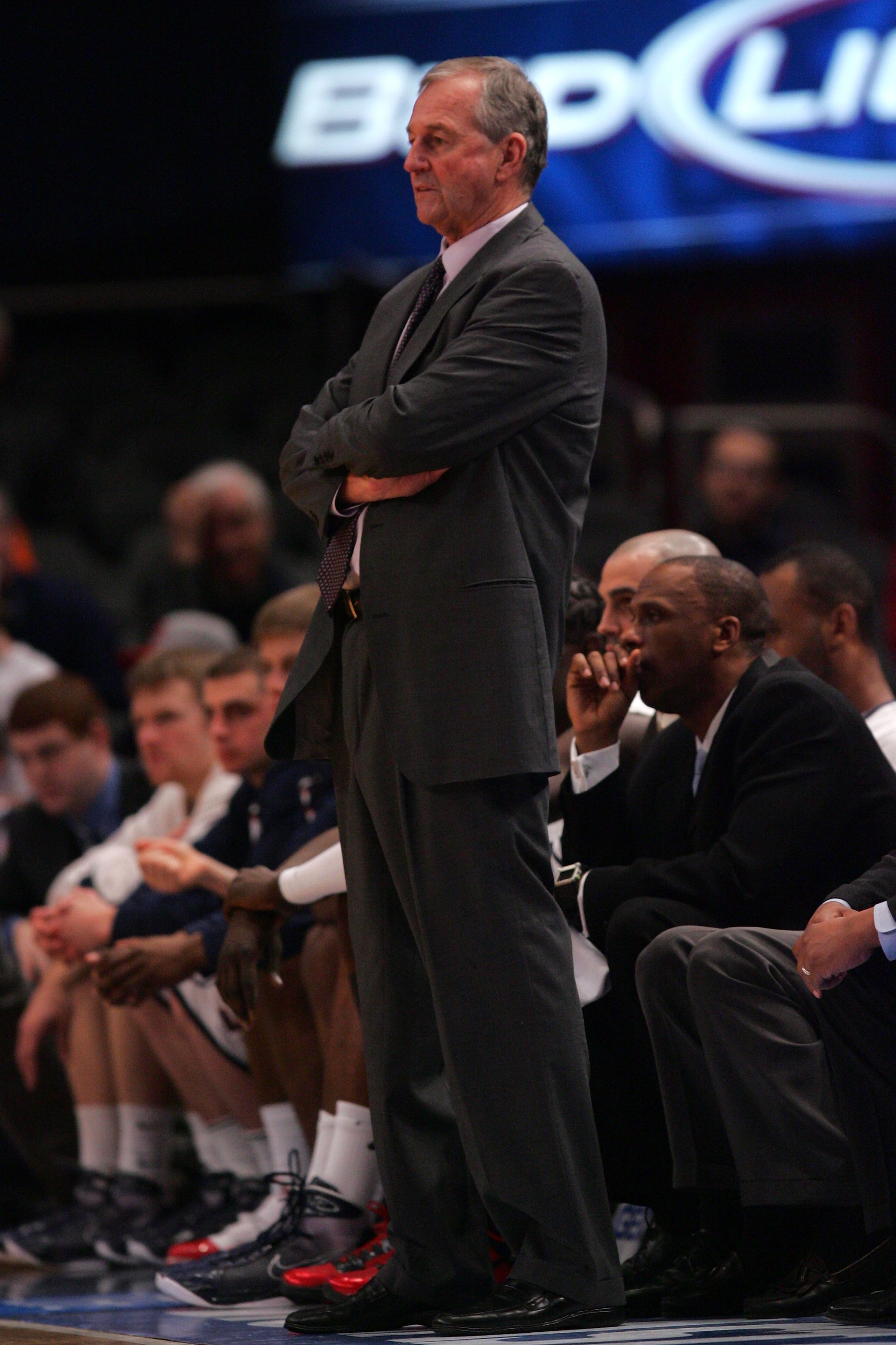 NEW YORK - MARCH 09:  Jim Calhoun Head Coach of the Connecticut Huskies watches his team play the St. John's Red Storm at Madison Square Garden on March 9, 2010 in New York, New York. The Red Storm defeated the Huskies 73-51.  (Photo by Chris Trotman/Gett