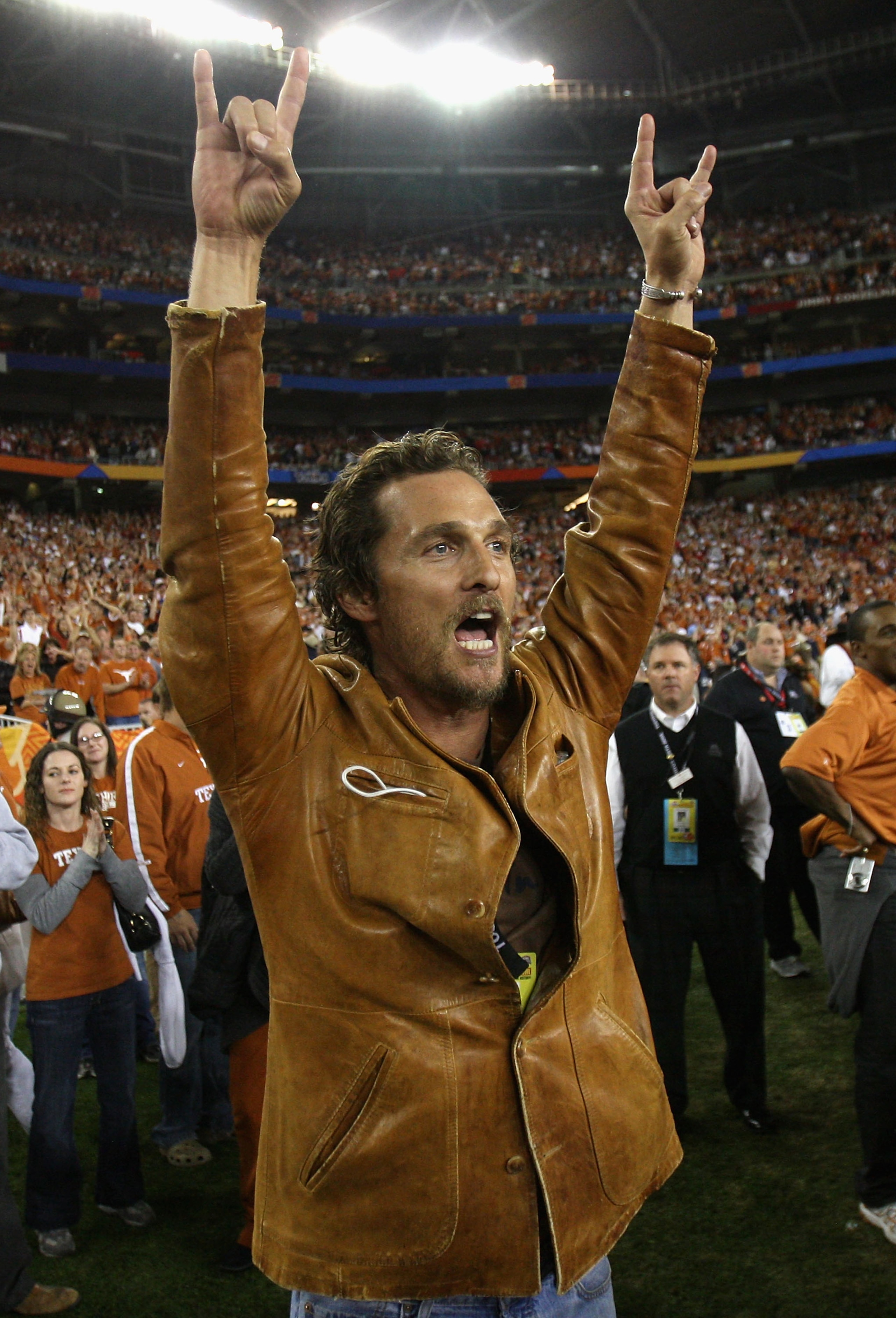 GLENDALE, AZ - JANUARY 05: Actor Matthew McConaughey celebrates after the Texas Longhorns defeated the Ohio State Buckeyes in Tostitos Fiesta Bowl Game on January 5, 2009 at University of Phoenix Stadium in Glendale, Arizona. (Photo by Jed Jacobsohn/Get GLENDALE, AZ - JANUARY 05: Actor Matthew McConaughey celebrates after the Texas Longhorns defeated the Ohio State Buckeyes in Tostitos Fiesta Bowl Game on January 5, 2009 at University of Phoenix Stadium in Glendale, Arizona. (Photo by Jed Jacobsohn/Get