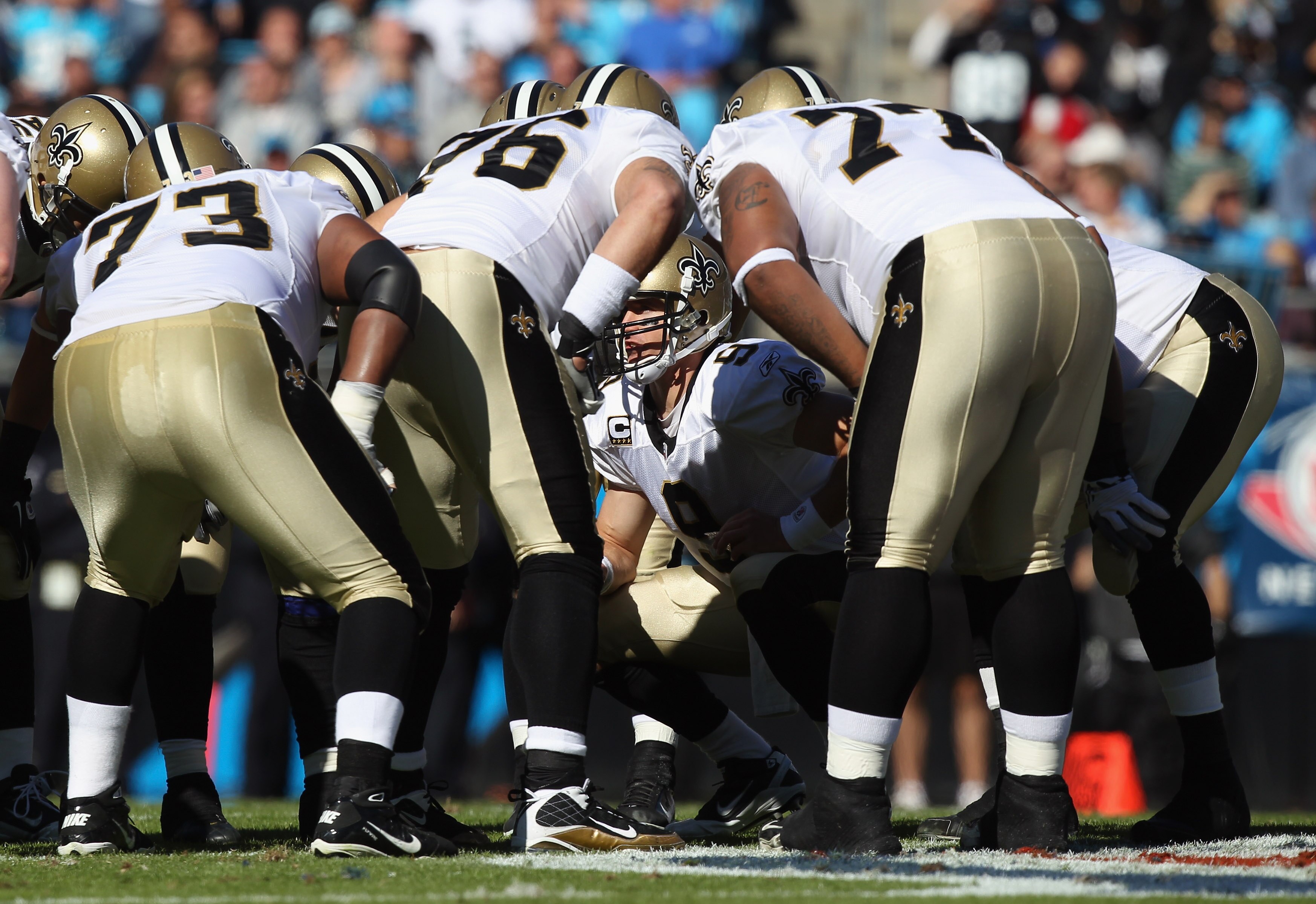 CHARLOTTE, NC - NOVEMBER 07:  Drew Brees #9 of the New Orleans Saints against the Carolina Panthers during their game at Bank of America Stadium on November 7, 2010 in Charlotte, North Carolina.  (Photo by Streeter Lecka/Getty Images)