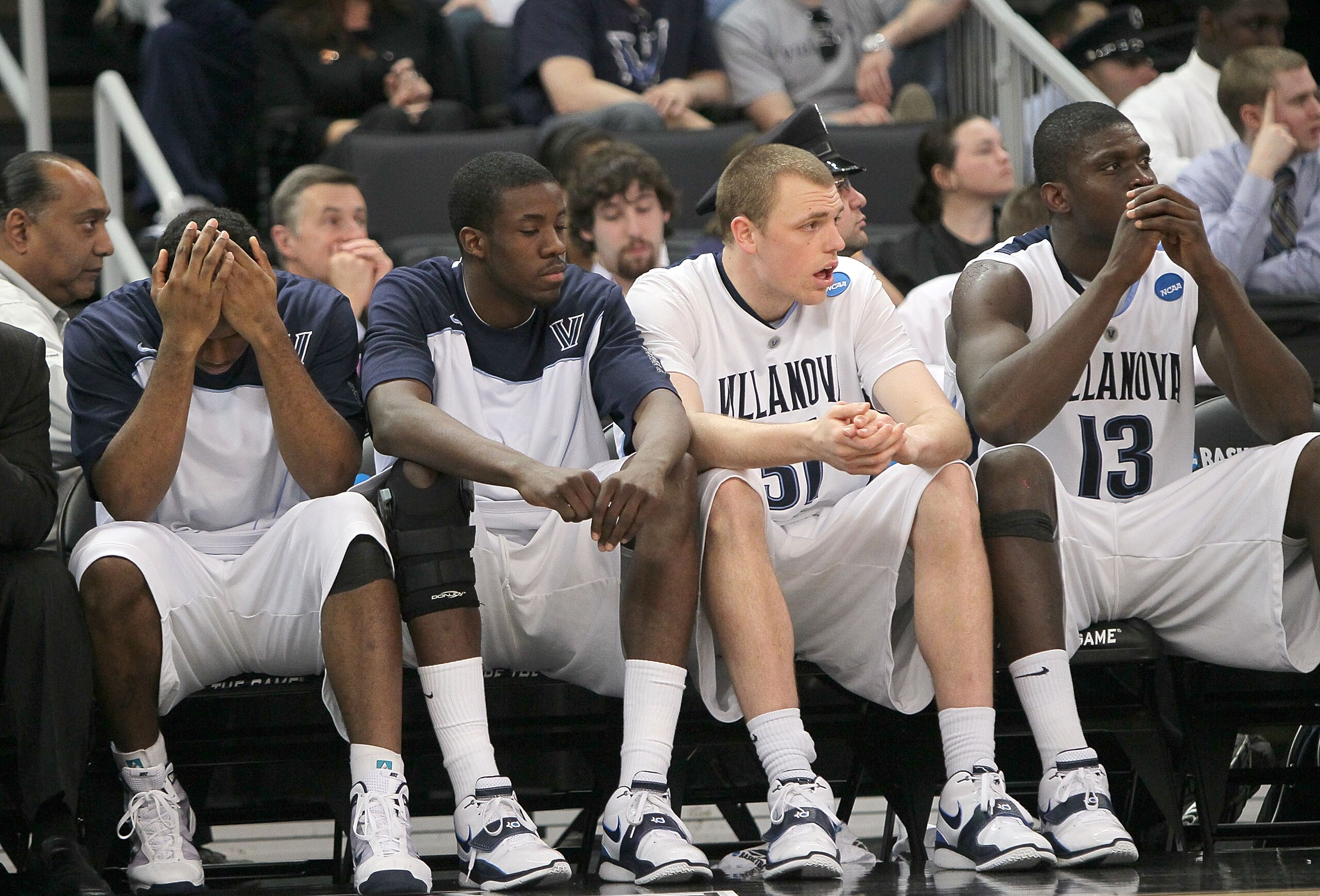 PROVIDENCE, RI - MARCH 20:  The bench of the Villanova Wildcats reacts in the closing moments of a loss to the Saint Mary's Gaels during the second round of the 2010 NCAA men's tournament at Dunkin' Donuts Center on March 20, 2010 in Providence, Rhode Isl