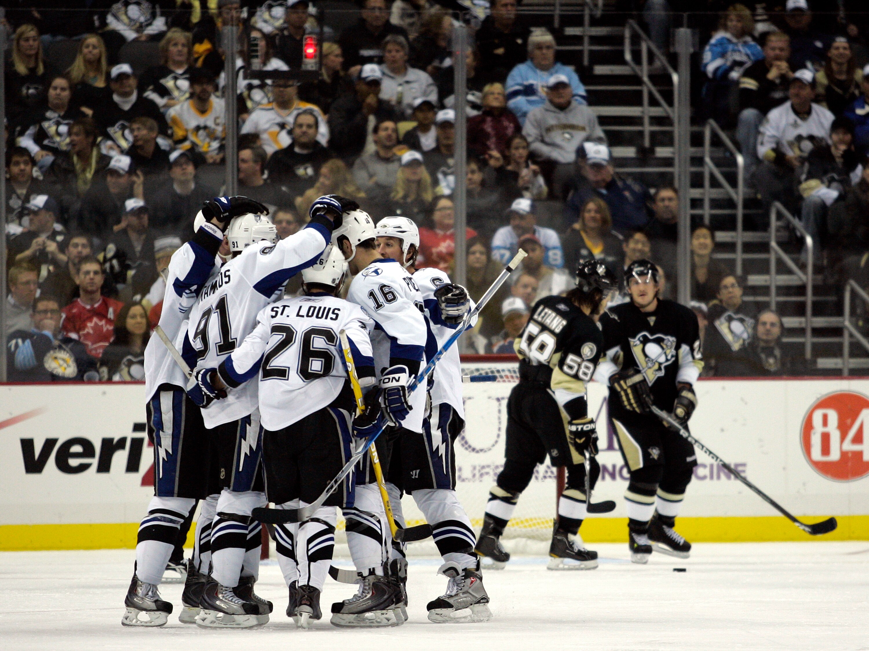PITTSBURGH - NOVEMBER 12:  Steven Stamkos #91 of the Tampa Bay Lightning celebrates his third period goal with teammates against the Pittsburgh Penguins at Consol Energy Center on November 12, 2010 in Pittsburgh, Pennsylvania.  The Penguins defeated the L