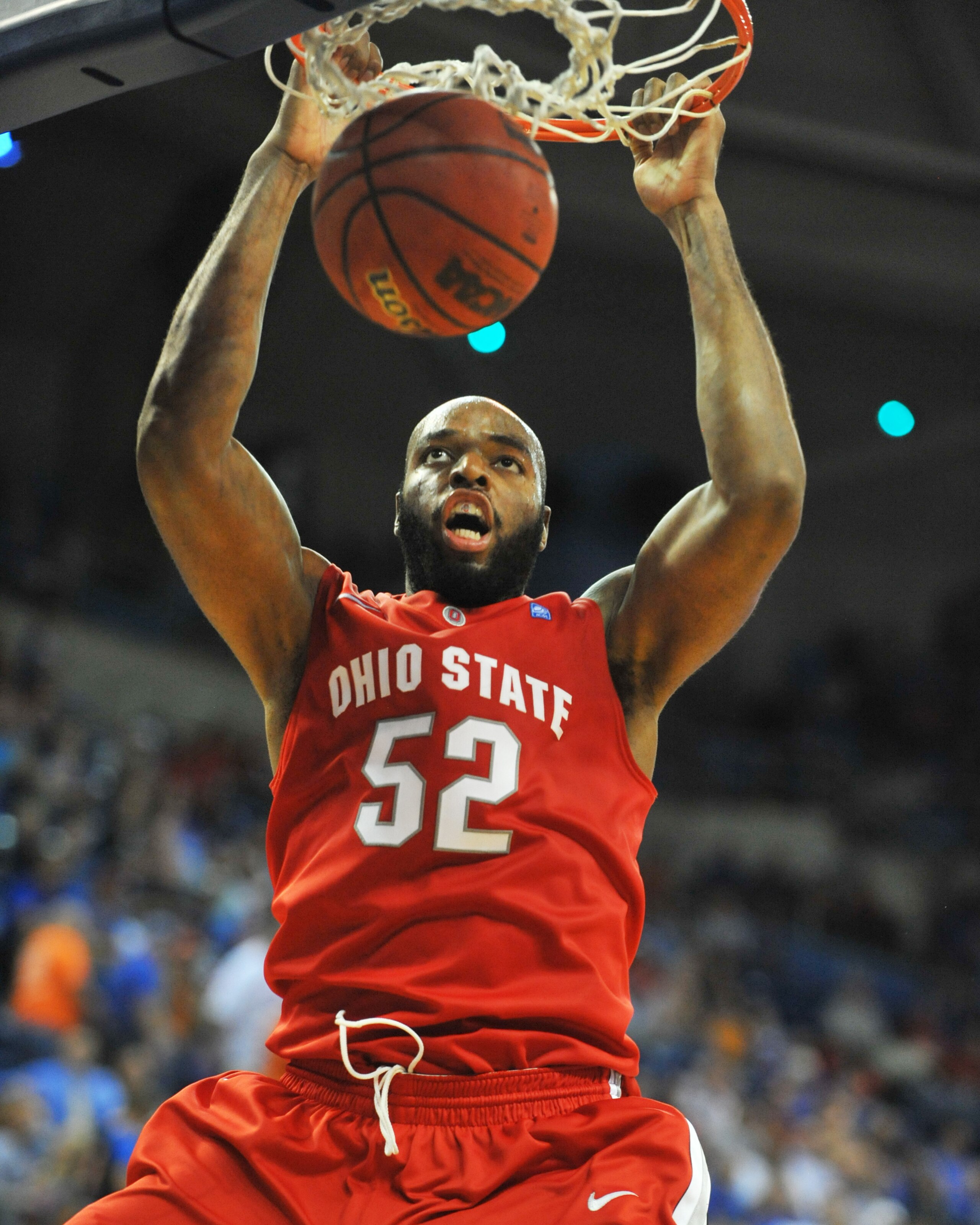 GAINESVILLE, FL - NOVEMBER 16: Forward Dallas Lauderdale #52  of the Ohio State Buckeyes scores against the Florida Gators November 16, 2010 at the Stephen C. O'Connell Center in Gainesville, Florida.  (Photo by Al Messerschmidt/Getty Images)