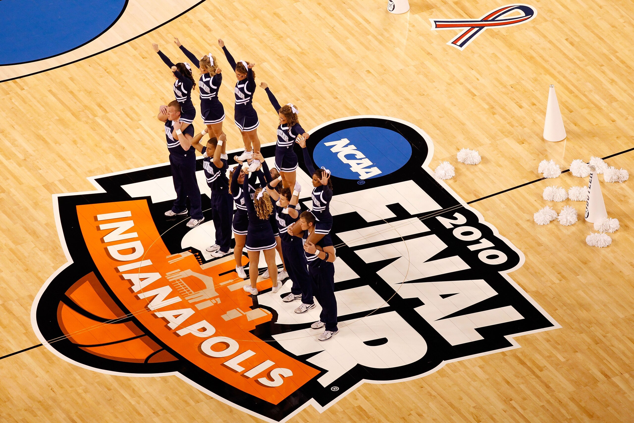 INDIANAPOLIS - APRIL 05:  Cheerleaders for the Butler Bulldogs perform against the Duke Blue Devils during the 2010 NCAA Division I Men's Basketball National Championship game at Lucas Oil Stadium on April 5, 2010 in Indianapolis, Indiana.  (Photo by Kevi
