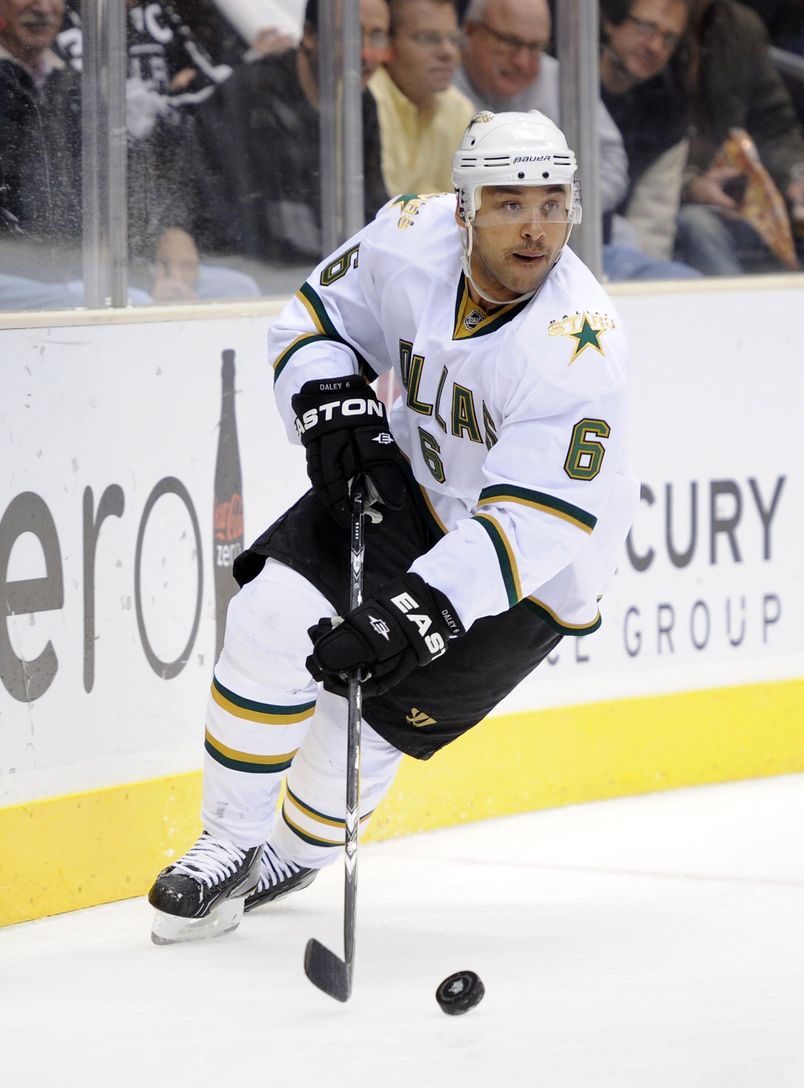 LOS ANGELES, CA - NOVEMBER 11:  Trevor Daley #6 of the Dallas Stars starts a rush during the game against the Los Angeles Kings at the Staples Center on November 11, 2010 in Los Angeles, California.  (Photo by Harry How/Getty Images)