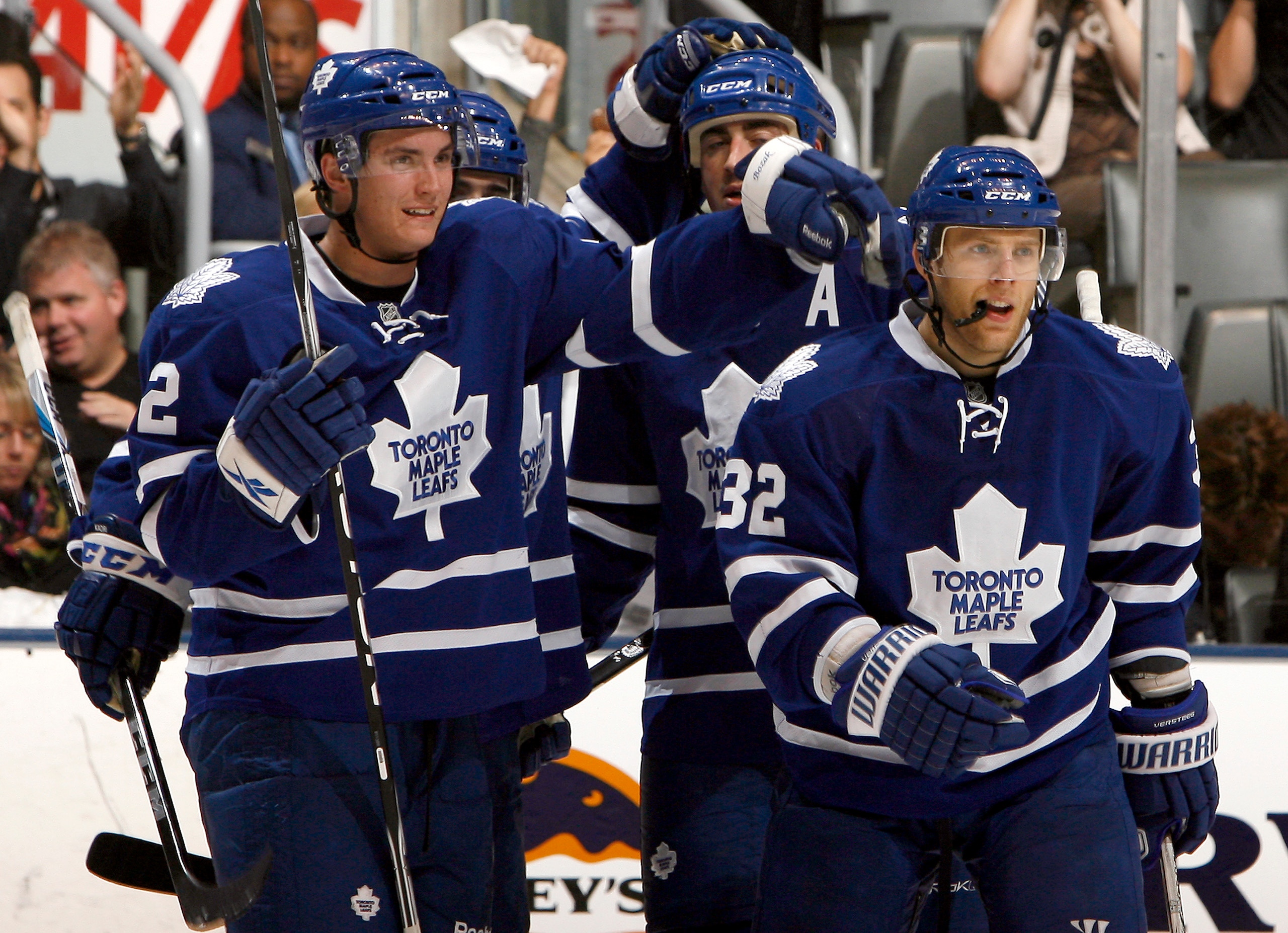 TORONTO - NOVEMBER 16: Tyler Bozak #42 and Kris Versteeg #32 of the Toronto Maple Leafs celebrate Kris Versteeg goal against the Nashville Predators during game action at the Air Canada Centre November 16, 2010 in Toronto, Ontario, Canada. (Photo by Abeli
