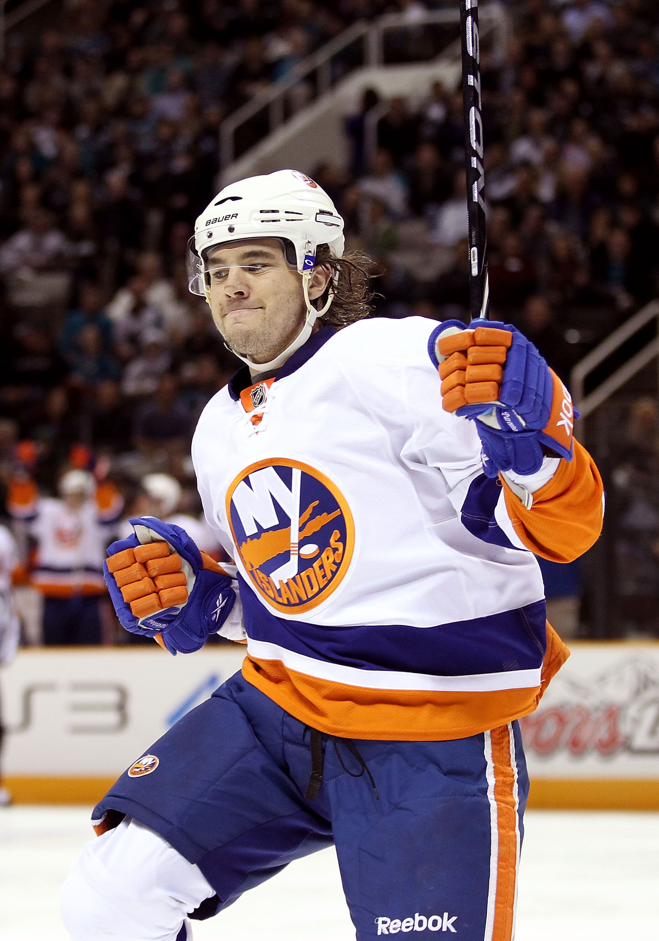 SAN JOSE, CA - NOVEMBER 11:  PA Parenteau #15 of the New York Islanders celebrates after he scored a goal in the second period of their game against the San Jose Sharks on November 11, 2010 in San Jose, California.  (Photo by Ezra Shaw/Getty Images)