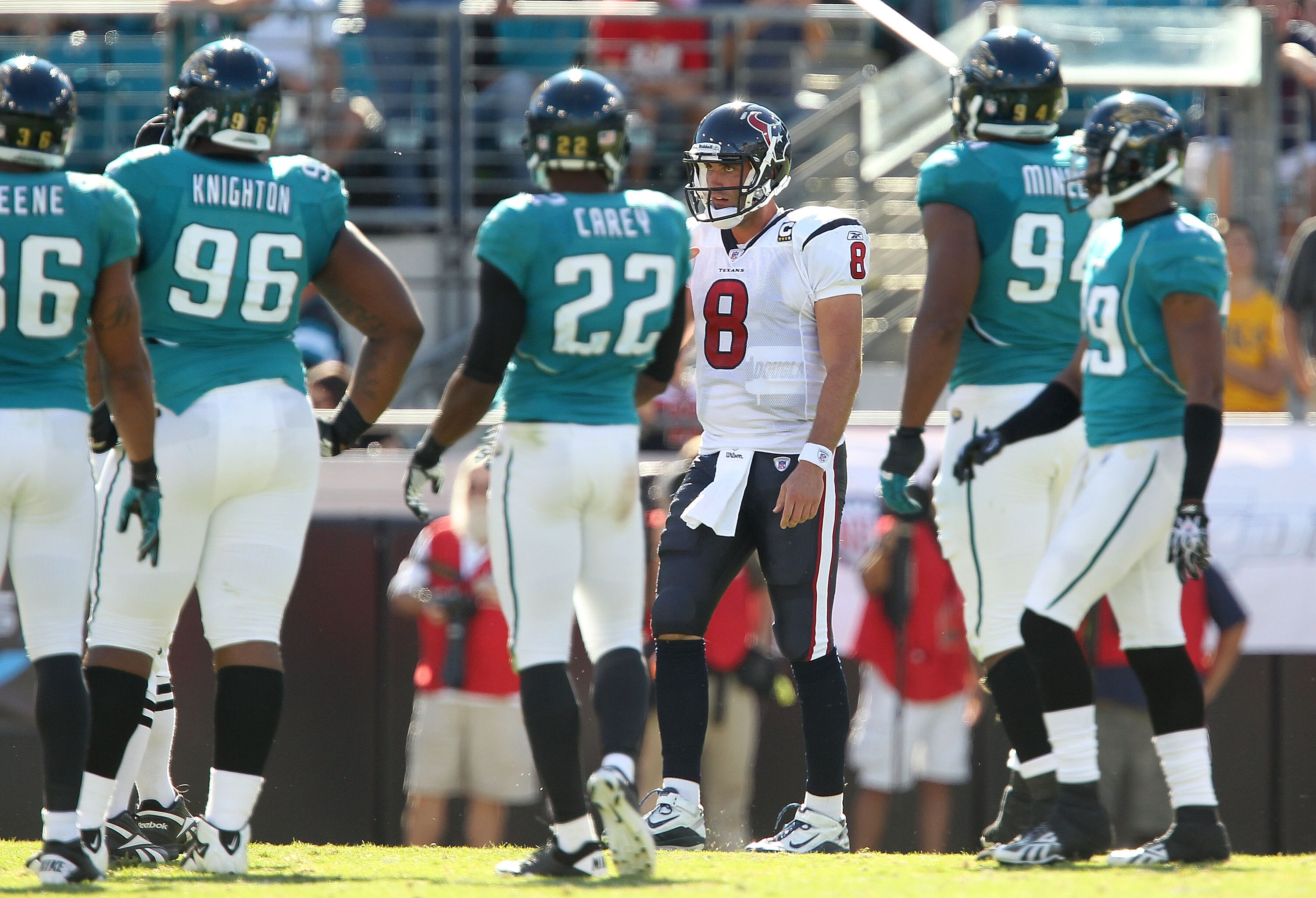 JACKSONVILLE, FL - NOVEMBER 14:  Matt Schaub #8 of the Houston Texans walks back to the huddle a pass during a game against the Jacksonville Jaguars at EverBank Field on November 14, 2010 in Jacksonville, Florida.  (Photo by Mike Ehrmann/Getty Images)