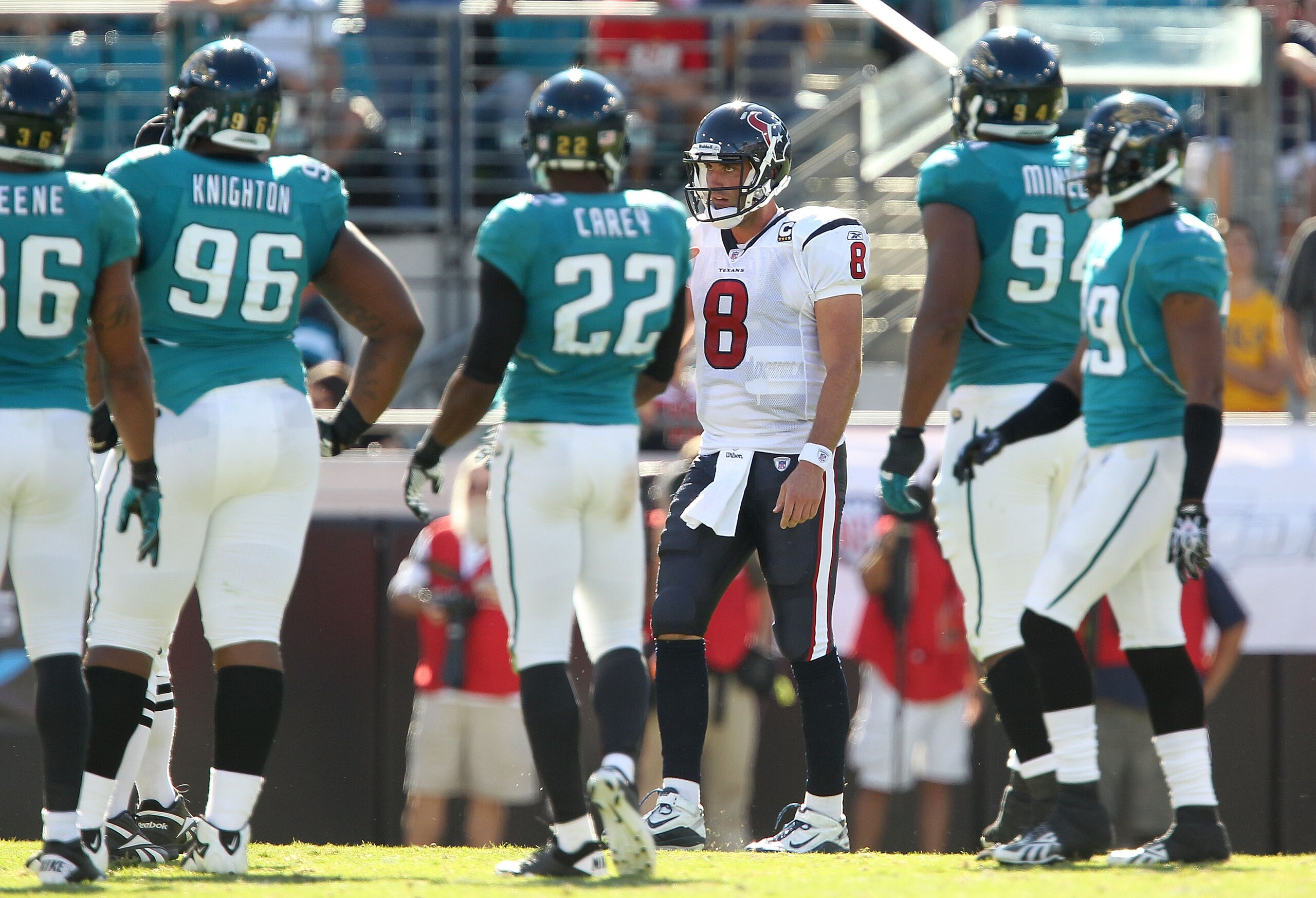 JACKSONVILLE, FL - NOVEMBER 14:  Matt Schaub #8 of the Houston Texans walks back to the huddle a pass during a game against the Jacksonville Jaguars at EverBank Field on November 14, 2010 in Jacksonville, Florida.  (Photo by Mike Ehrmann/Getty Images)