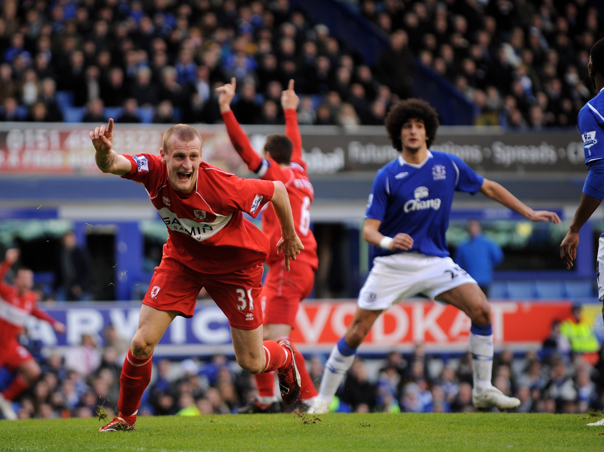LIVERPOOL, UNITED KINGDOM - MARCH 08:  David Wheater of Middlesbrough celebrates after scoring during the FA Cup Sponsored by E.on 5th Round  match between Everton and Middlesbrough at Goodison Park on March 8, 2009 in Liverpool, England.  (Photo by Shaun