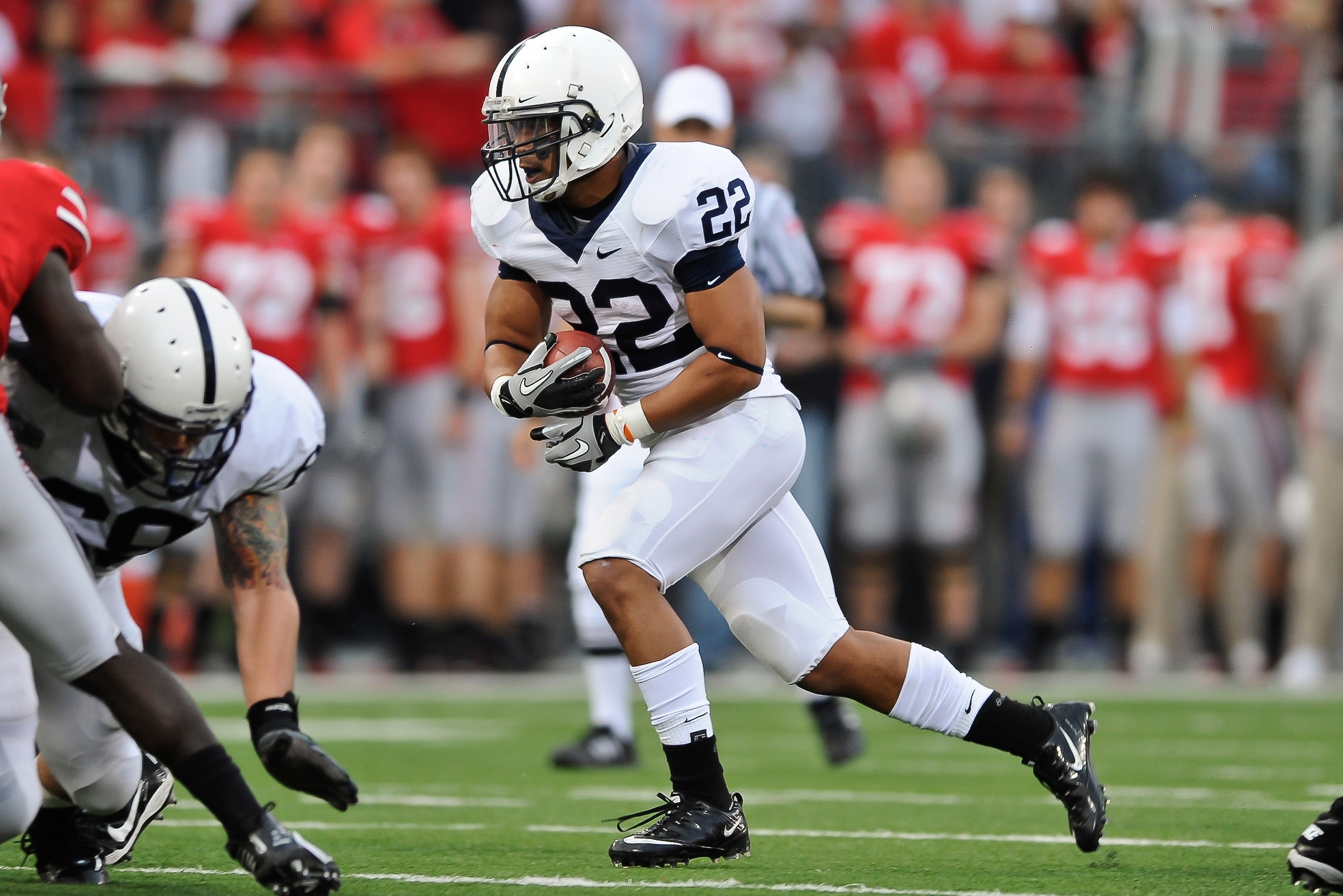COLUMBUS, OH - NOVEMBER 13: Evan Royster #22 of the Penn State Nittany Lions runs with the ball against the Ohio State Buckeyes at Ohio Stadium on November 13, 2010 in Columbus, Ohio. (Photo by Jamie Sabau/Getty Images) COLUMBUS, OH - NOVEMBER 13: Evan Royster #22 of the Penn State Nittany Lions runs with the ball against the Ohio State Buckeyes at Ohio Stadium on November 13, 2010 in Columbus, Ohio. (Photo by Jamie Sabau/Getty Images)