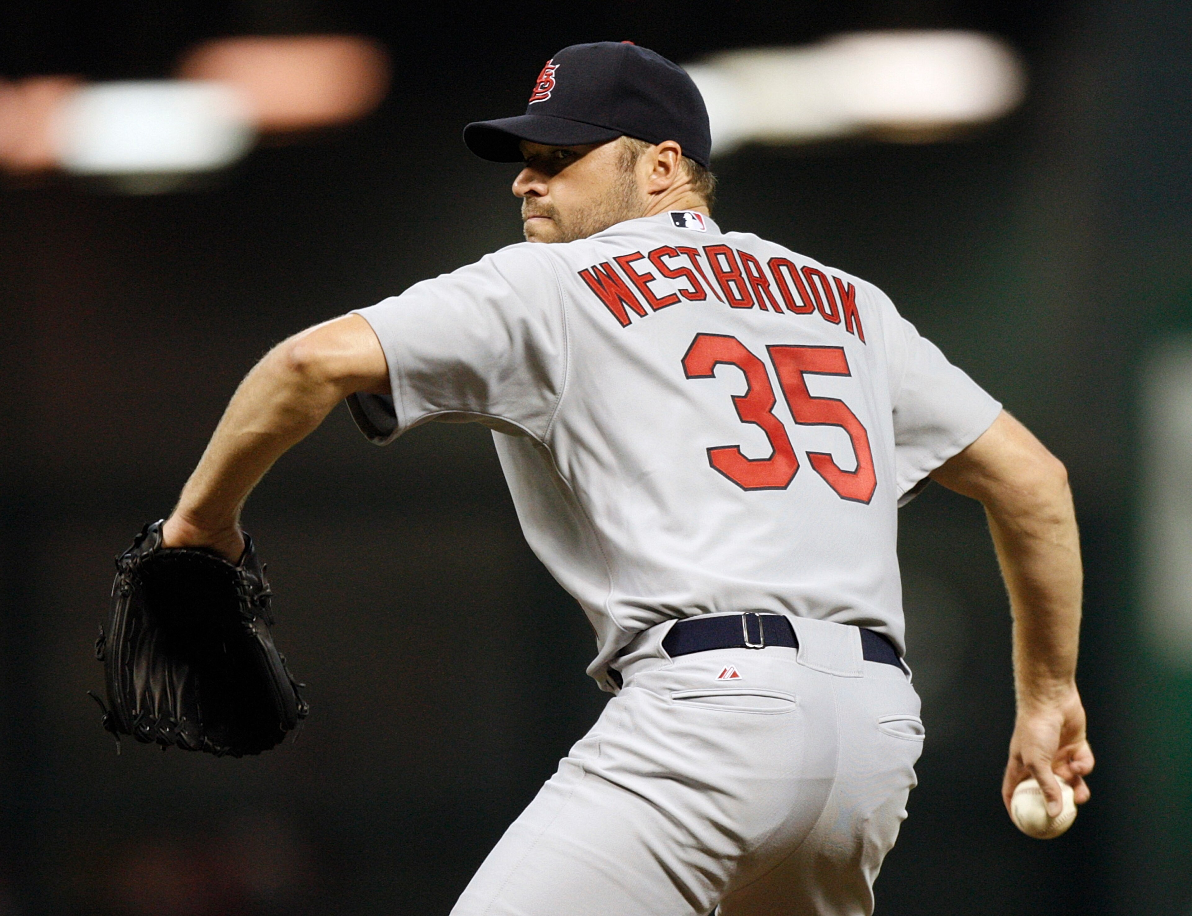 HOUSTON - AUGUST 30:  Pitcher Jake Westbrook #35 of the St. Louis Cardinals throws against the Houston Astros at Minute Maid Park on August 30, 2010 in Houston, Texas.  (Photo by Bob Levey/Getty Images)