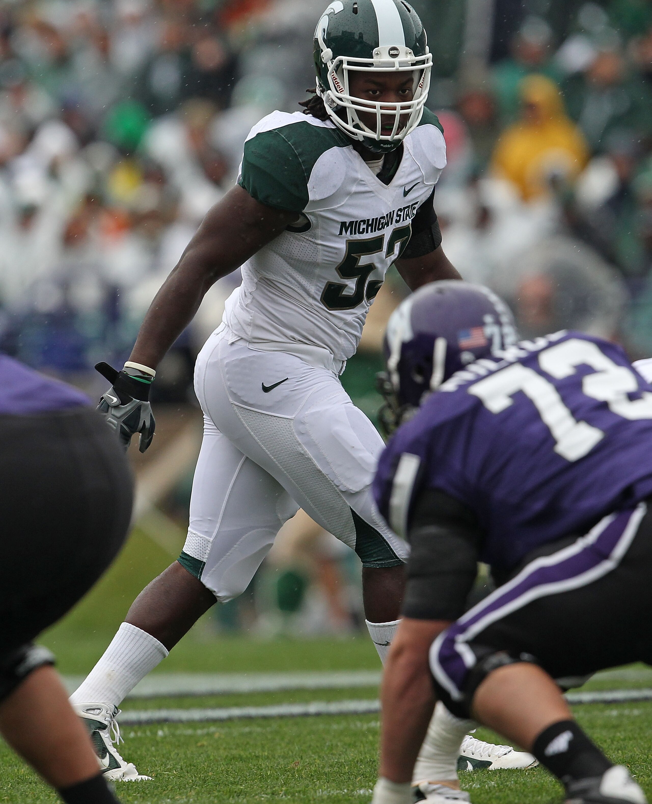 EVANSTON, IL - OCTOBER 23: Greg Jones #53 of the Michigan State Spartans awaits the start of play against the Northwestern Wildcats at Ryan Field on October 23, 2010 in Evanston, Illinois. Michigan State defeated Northwestern 35-27. (Photo by Jonathan Dan EVANSTON, IL - OCTOBER 23: Greg Jones #53 of the Michigan State Spartans awaits the start of play against the Northwestern Wildcats at Ryan Field on October 23, 2010 in Evanston, Illinois. Michigan State defeated Northwestern 35-27. (Photo by Jonathan Dan
