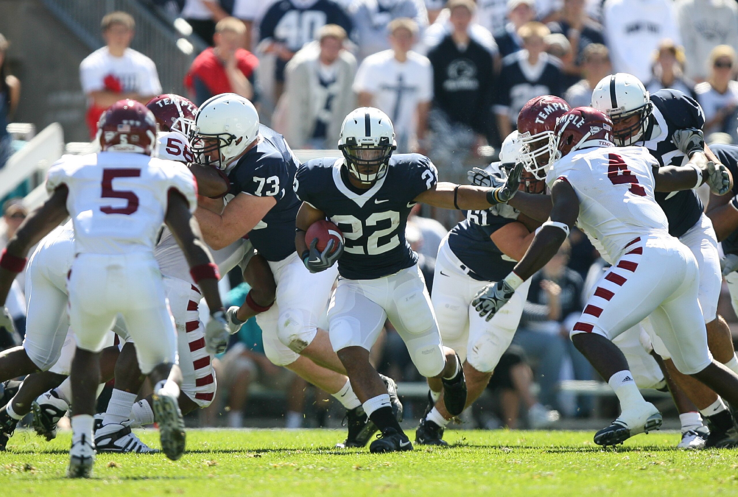 STATE COLLEGE, PA - SEPTEMBER 19: Running back Evan Royster #22 of the Penn State Nittany Lions carries the ball during a game against the Temple Owls on September 19, 2009 at Beaver Stadium in State College, Pennsylvania. (Photo by Hunter Martin/Getty Im