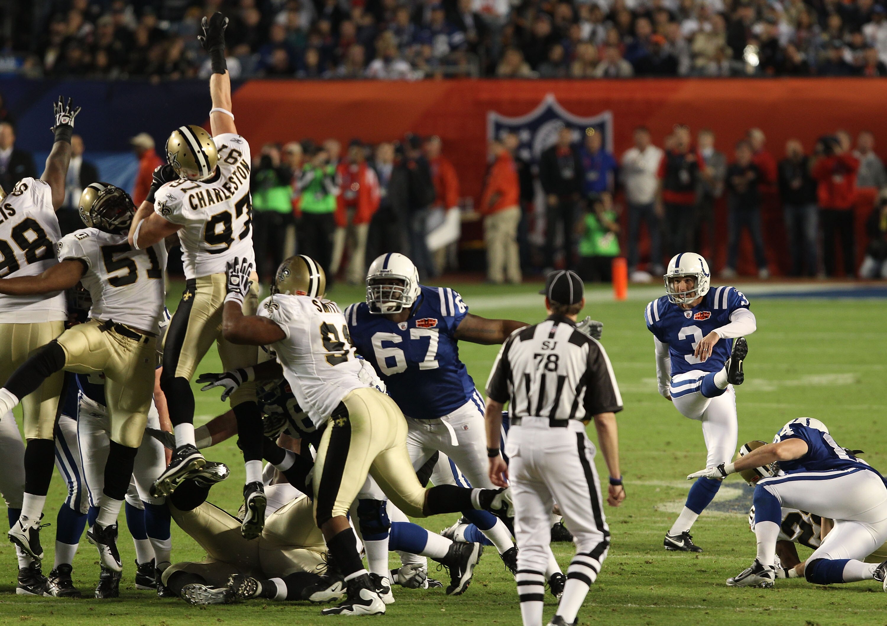 MIAMI GARDENS, FL - FEBRUARY 07:  Matt Stover #3 of the Indianapolis Colts misses a 51 yard field goal in the fourth quarter against the New Orleans Saints during Super Bowl XLIV on February 7, 2010 at Sun Life Stadium in Miami Gardens, Florida.  (Photo b